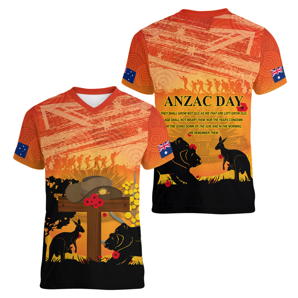 Australia ANZAC Day Women V Neck T Shirt Koala and Kangaroo Respect Aboriginal Pattern - Vibe Hoodie Shop