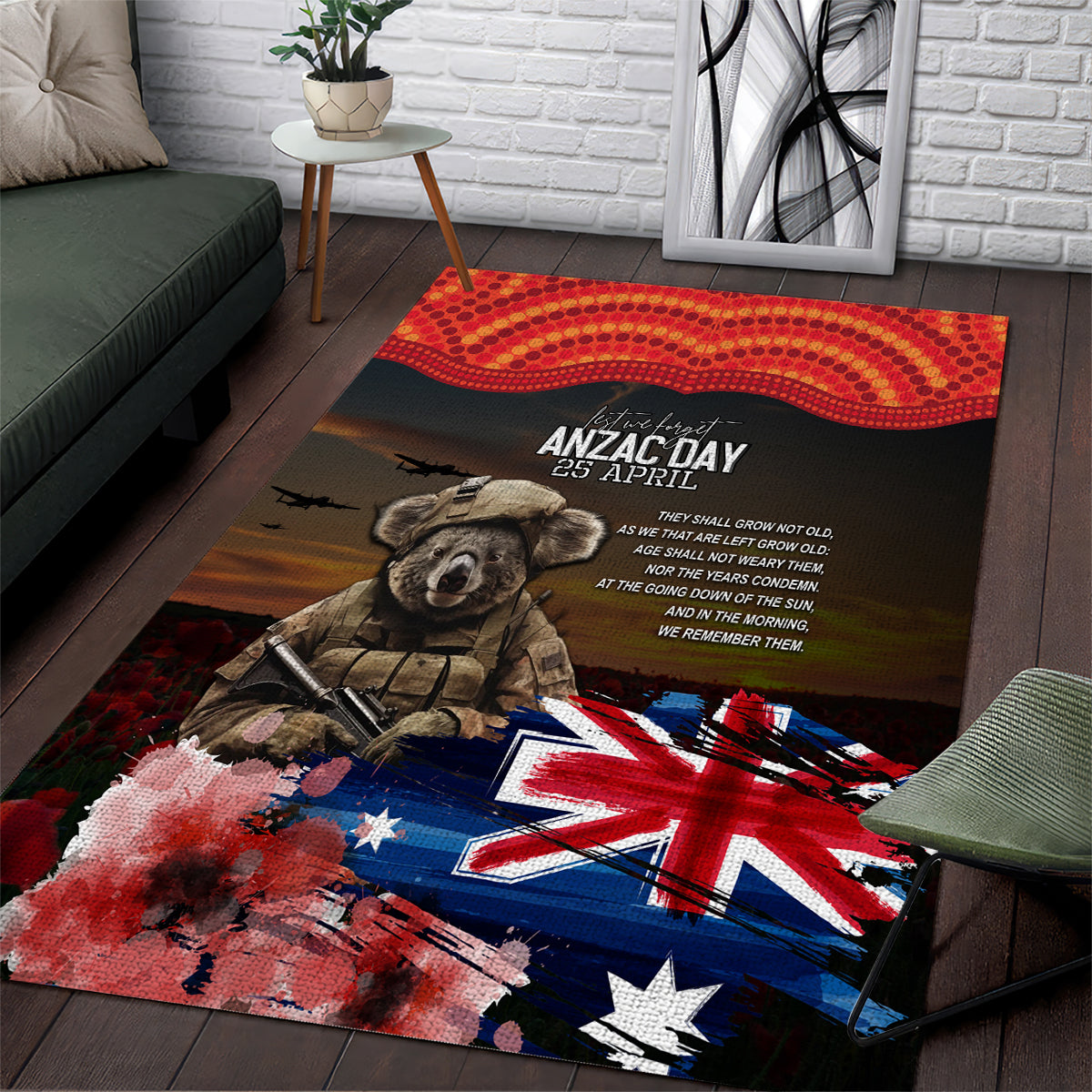 Australia ANZAC Day Area Rug Koala and Kangaroo Red Poppy Flower Field Aboriginal Pattern - Vibe Hoodie Shop