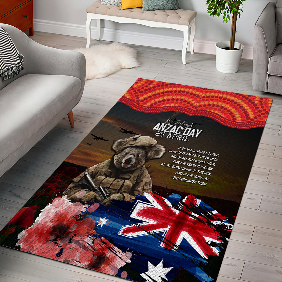 Australia ANZAC Day Area Rug Koala and Kangaroo Red Poppy Flower Field Aboriginal Pattern - Vibe Hoodie Shop