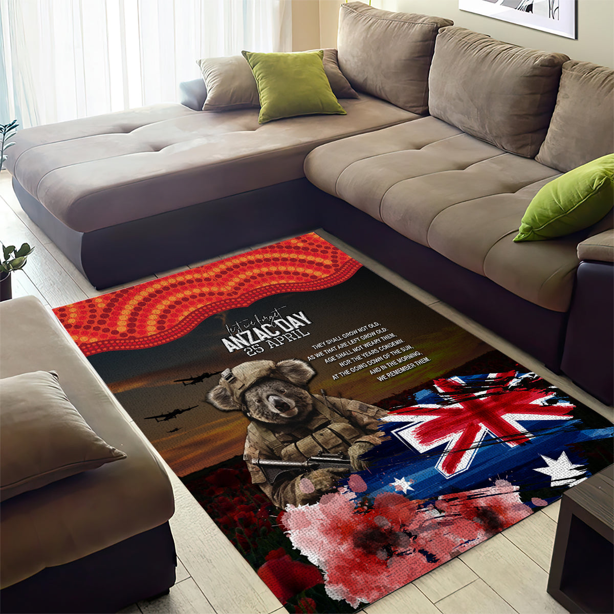 Australia ANZAC Day Area Rug Koala and Kangaroo Red Poppy Flower Field Aboriginal Pattern - Vibe Hoodie Shop