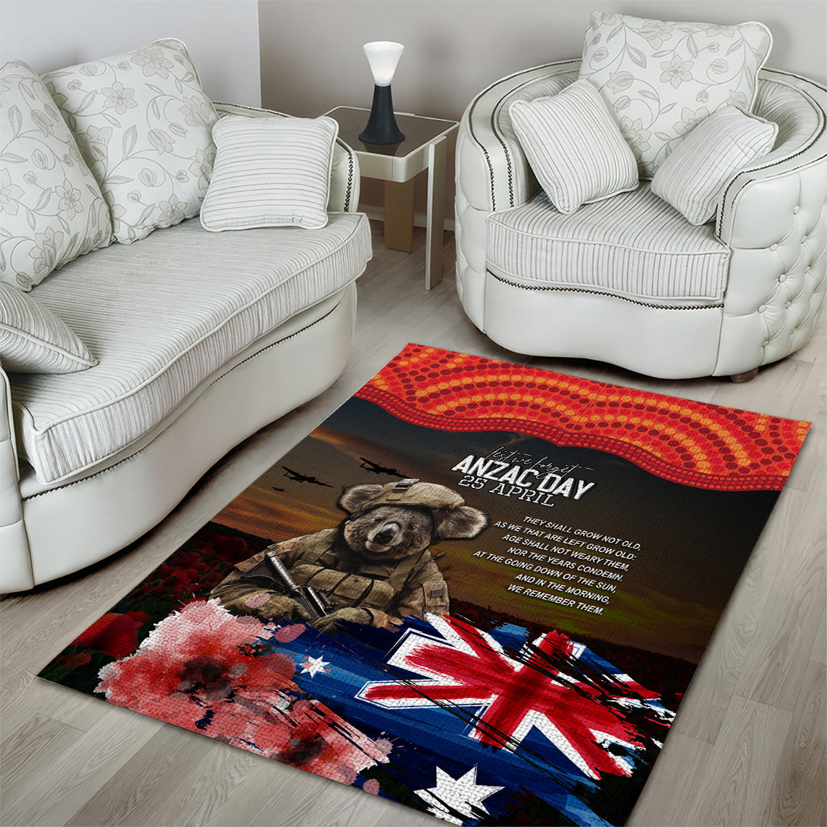 Australia ANZAC Day Area Rug Koala and Kangaroo Red Poppy Flower Field Aboriginal Pattern - Vibe Hoodie Shop