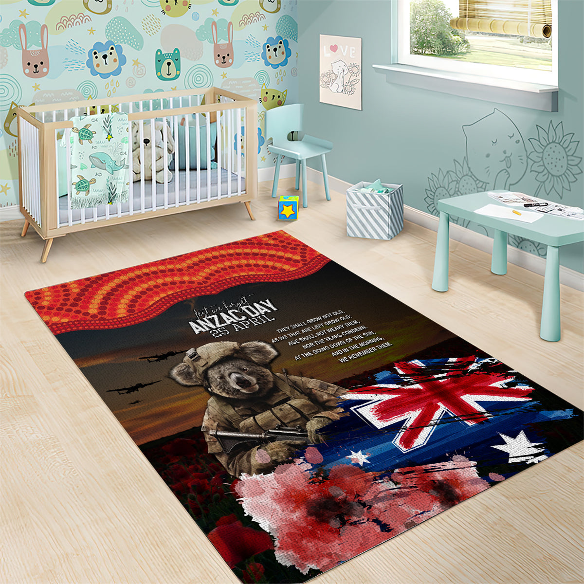 Australia ANZAC Day Area Rug Koala and Kangaroo Red Poppy Flower Field Aboriginal Pattern - Vibe Hoodie Shop