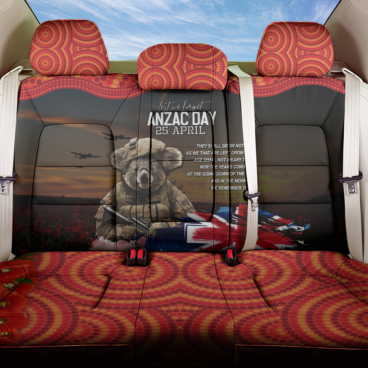 Australia ANZAC Day Back Car Seat Cover Koala and Kangaroo Red Poppy Flower Field Aboriginal Pattern LT03