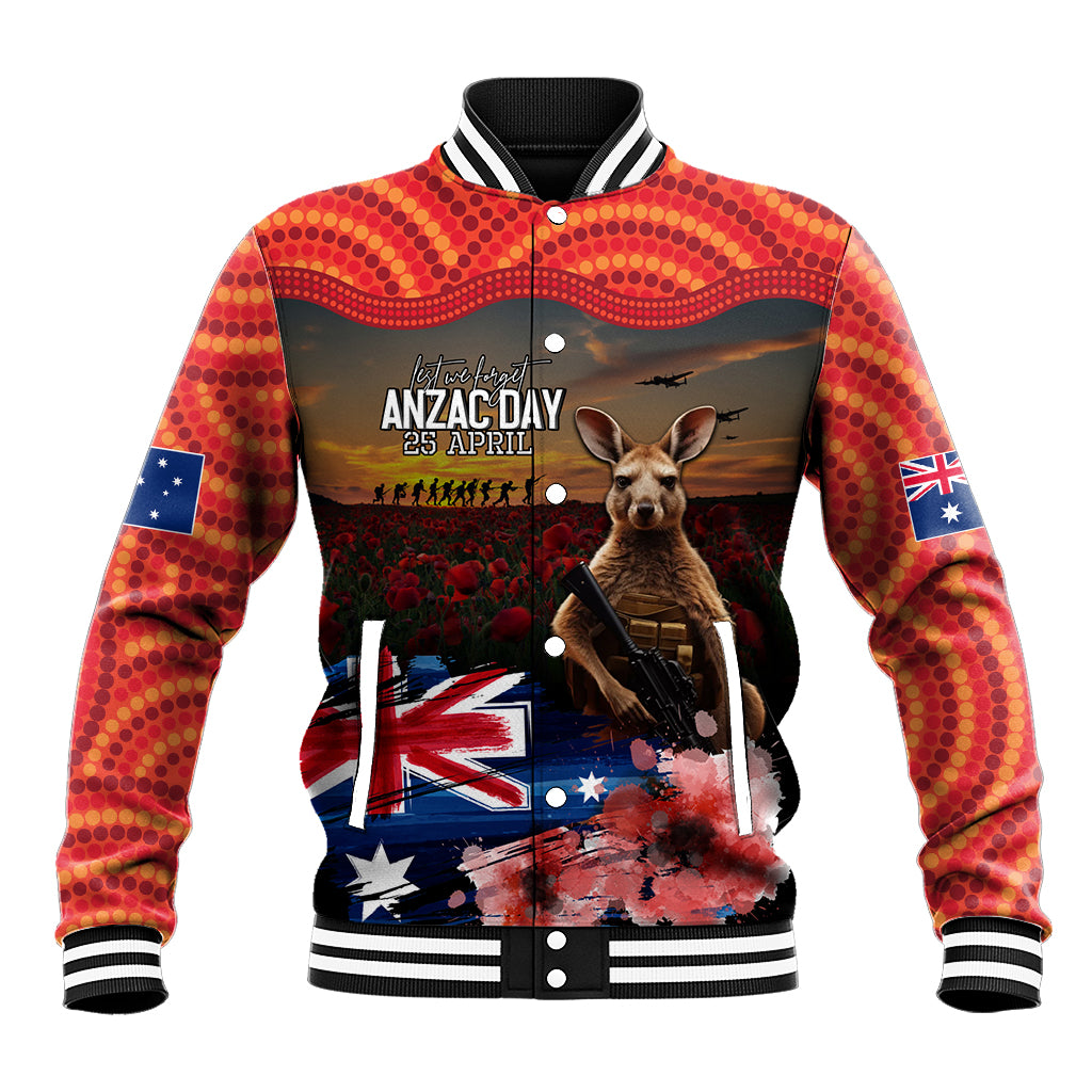 Australia ANZAC Day Baseball Jacket Koala and Kangaroo Red Poppy Flower Field Aboriginal Pattern - Vibe Hoodie Shop