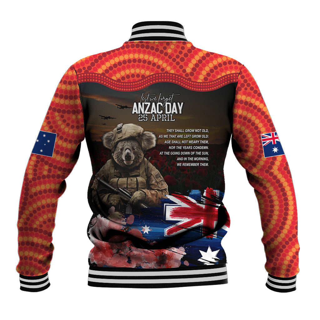 Australia ANZAC Day Baseball Jacket Koala and Kangaroo Red Poppy Flower Field Aboriginal Pattern - Vibe Hoodie Shop