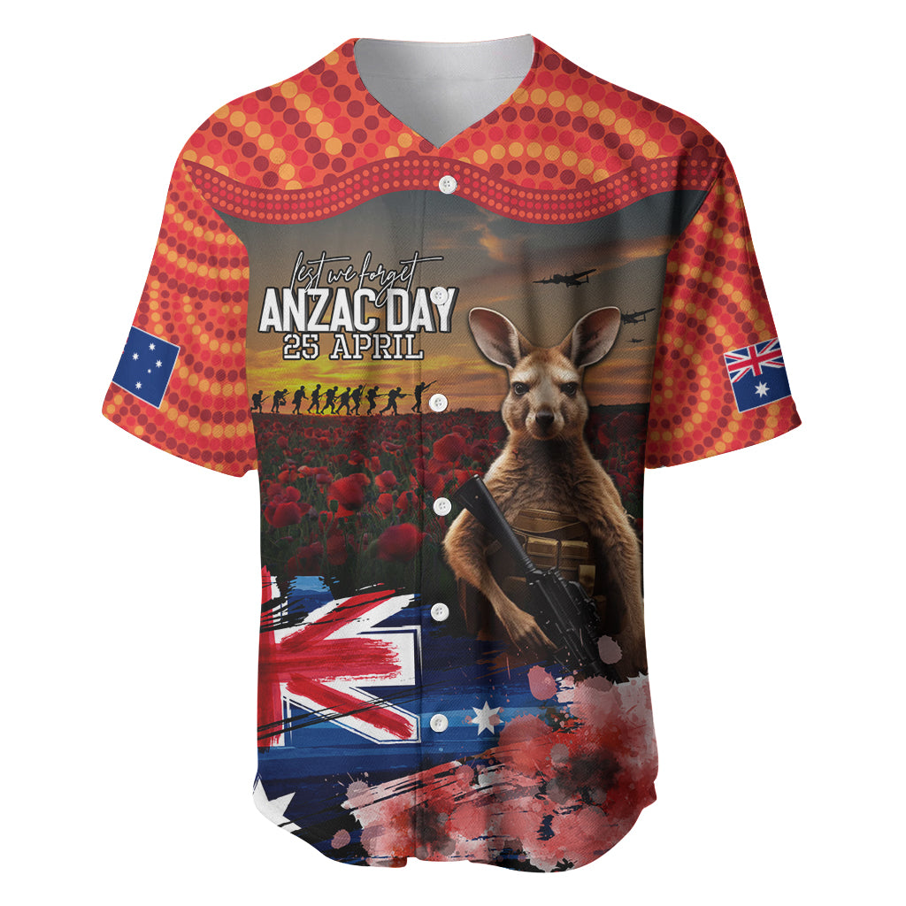 Australia ANZAC Day Baseball Jersey Koala and Kangaroo Red Poppy Flower Field Aboriginal Pattern - Vibe Hoodie Shop