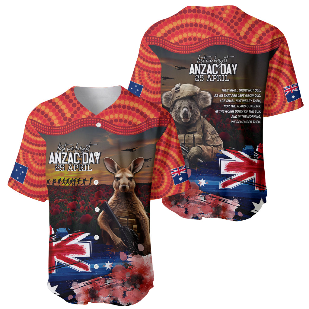 Australia ANZAC Day Baseball Jersey Koala and Kangaroo Red Poppy Flower Field Aboriginal Pattern - Vibe Hoodie Shop