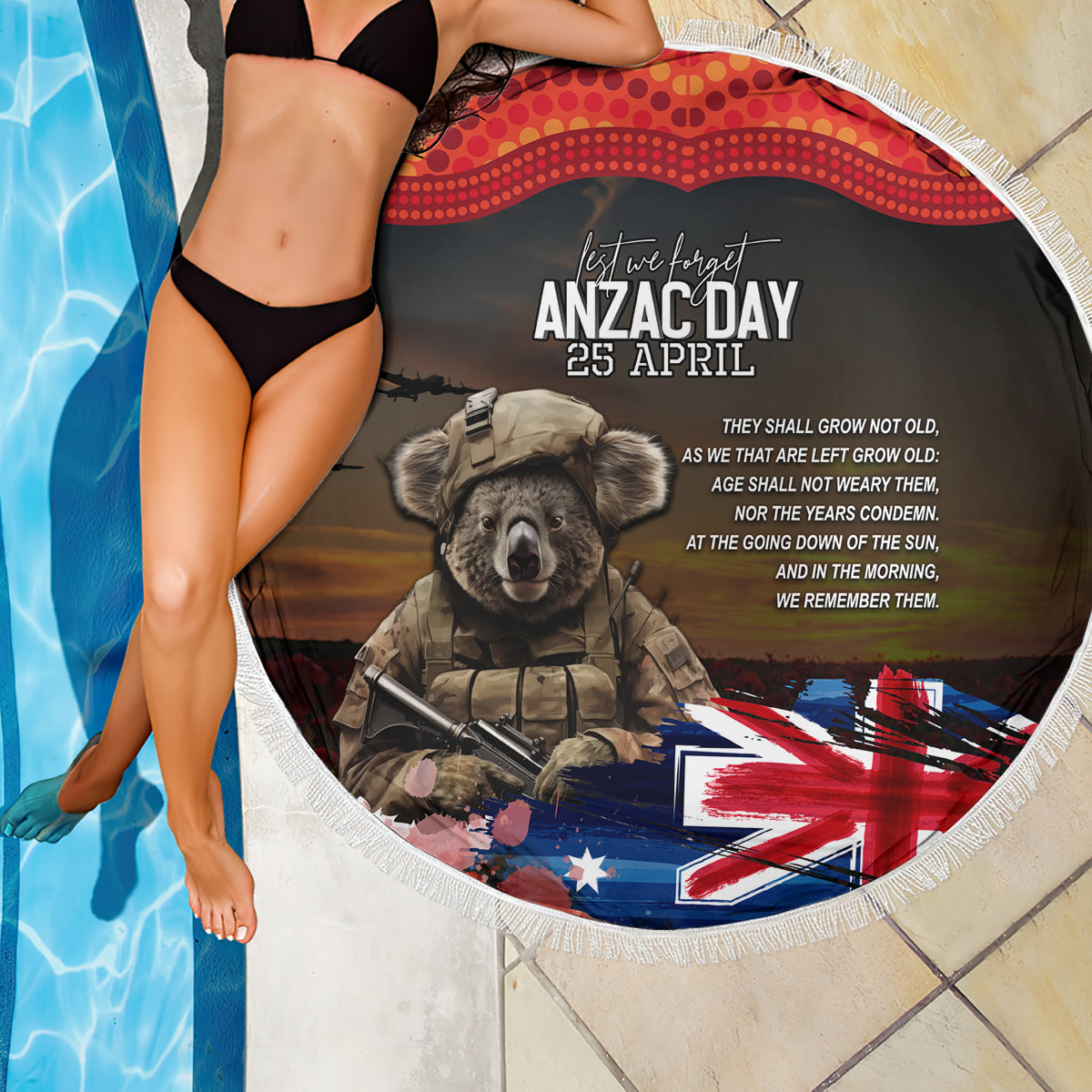 Australia ANZAC Day Beach Blanket Koala and Kangaroo Red Poppy Flower Field Aboriginal Pattern
