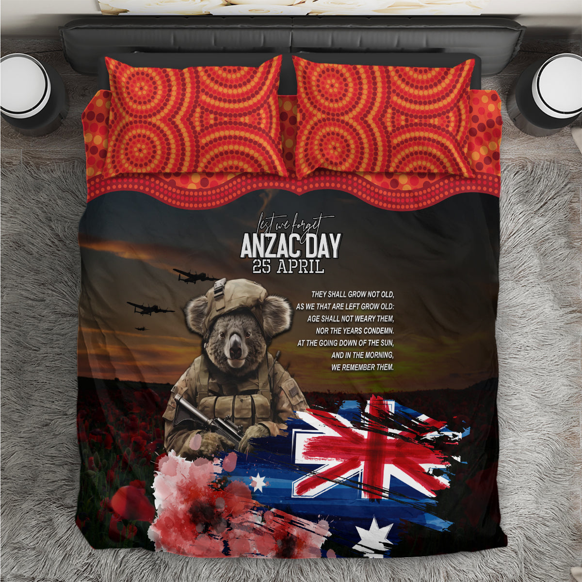 Australia ANZAC Day Bedding Set Koala and Kangaroo Red Poppy Flower Field Aboriginal Pattern - Vibe Hoodie Shop