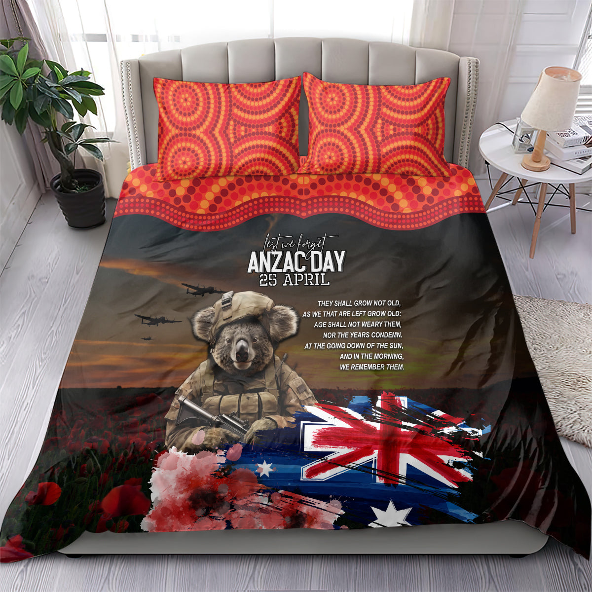 Australia ANZAC Day Bedding Set Koala and Kangaroo Red Poppy Flower Field Aboriginal Pattern - Vibe Hoodie Shop