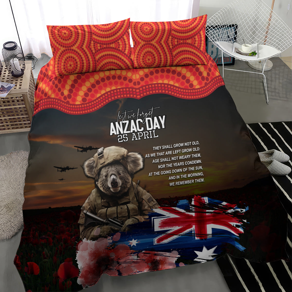 Australia ANZAC Day Bedding Set Koala and Kangaroo Red Poppy Flower Field Aboriginal Pattern - Vibe Hoodie Shop