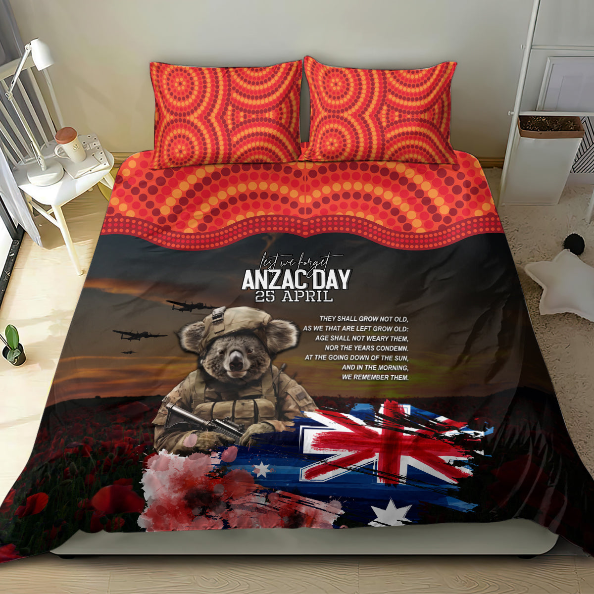 Australia ANZAC Day Bedding Set Koala and Kangaroo Red Poppy Flower Field Aboriginal Pattern - Vibe Hoodie Shop