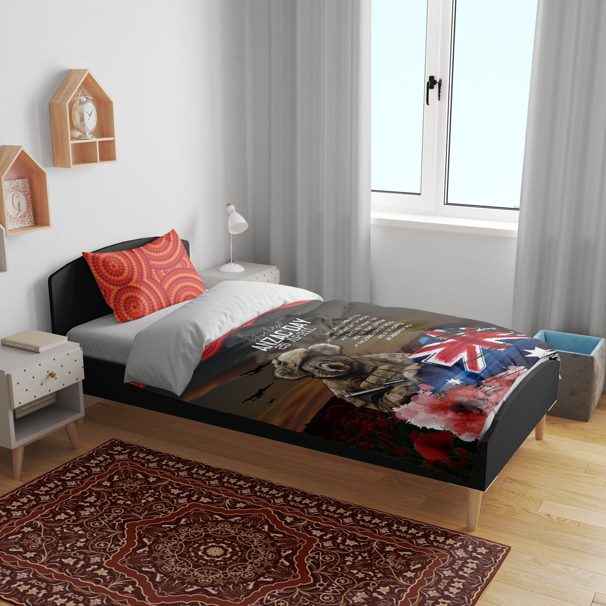 Australia ANZAC Day Bedding Set Koala and Kangaroo Red Poppy Flower Field Aboriginal Pattern - Vibe Hoodie Shop