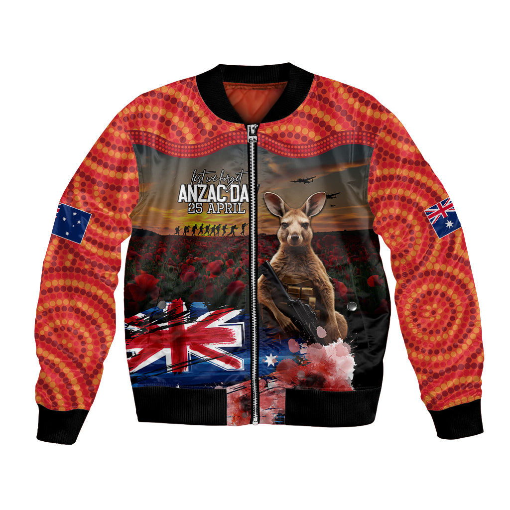 Australia ANZAC Day Bomber Jacket Koala and Kangaroo Red Poppy Flower Field Aboriginal Pattern - Vibe Hoodie Shop
