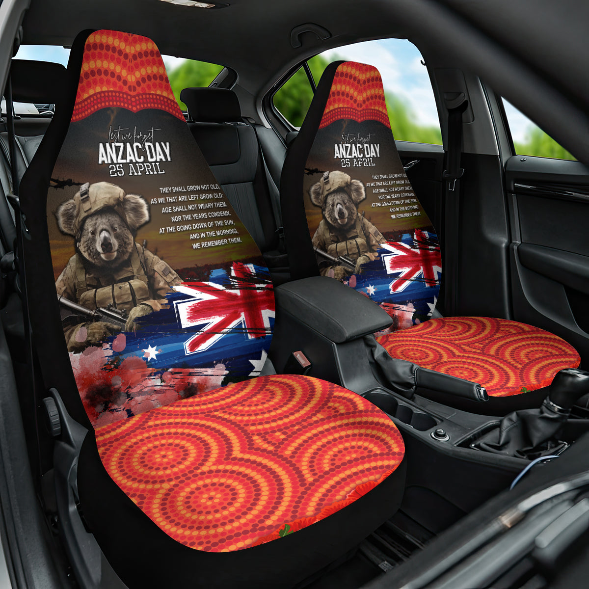 Australia ANZAC Day Car Seat Cover Koala and Kangaroo Red Poppy Flower Field Aboriginal Pattern - Vibe Hoodie Shop