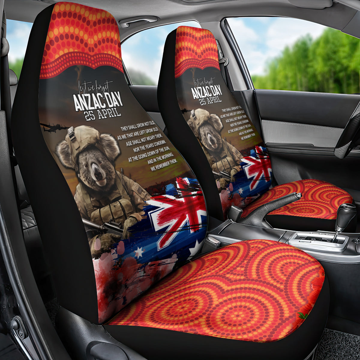 Australia ANZAC Day Car Seat Cover Koala and Kangaroo Red Poppy Flower Field Aboriginal Pattern - Vibe Hoodie Shop