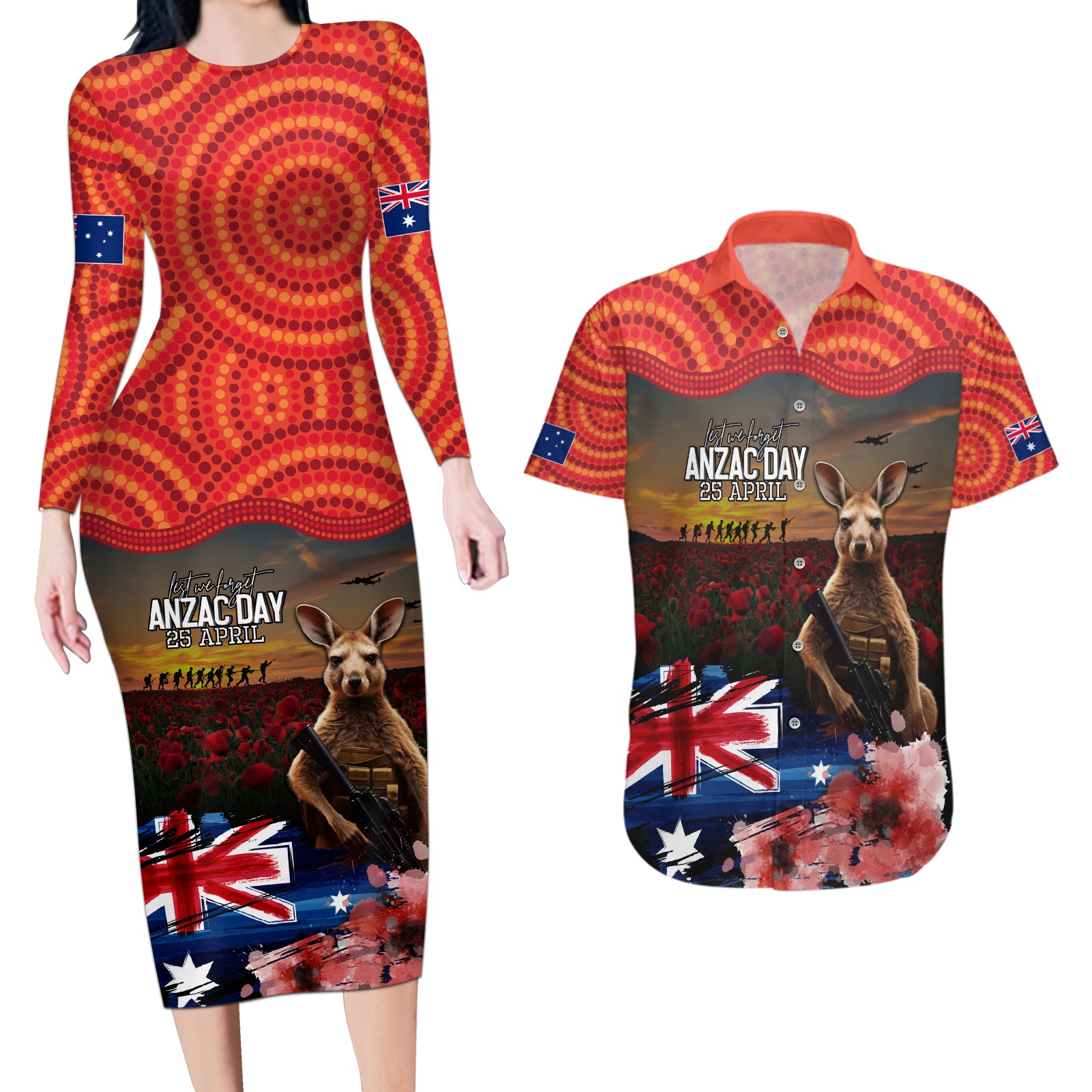 Australia ANZAC Day Couples Matching Long Sleeve Bodycon Dress and Hawaiian Shirt Koala and Kangaroo Red Poppy Flower Field Aboriginal Pattern