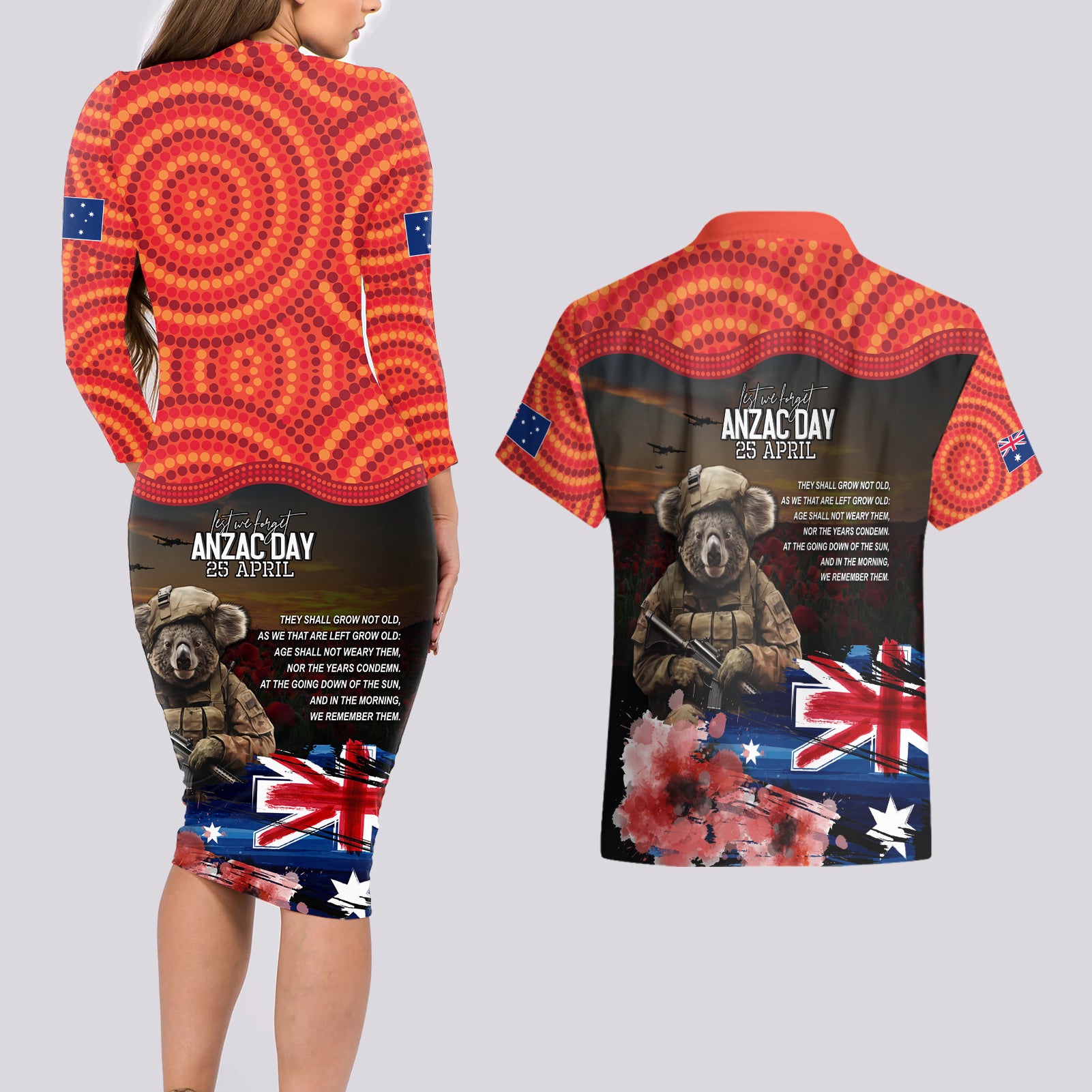 Australia ANZAC Day Couples Matching Long Sleeve Bodycon Dress and Hawaiian Shirt Koala and Kangaroo Red Poppy Flower Field Aboriginal Pattern