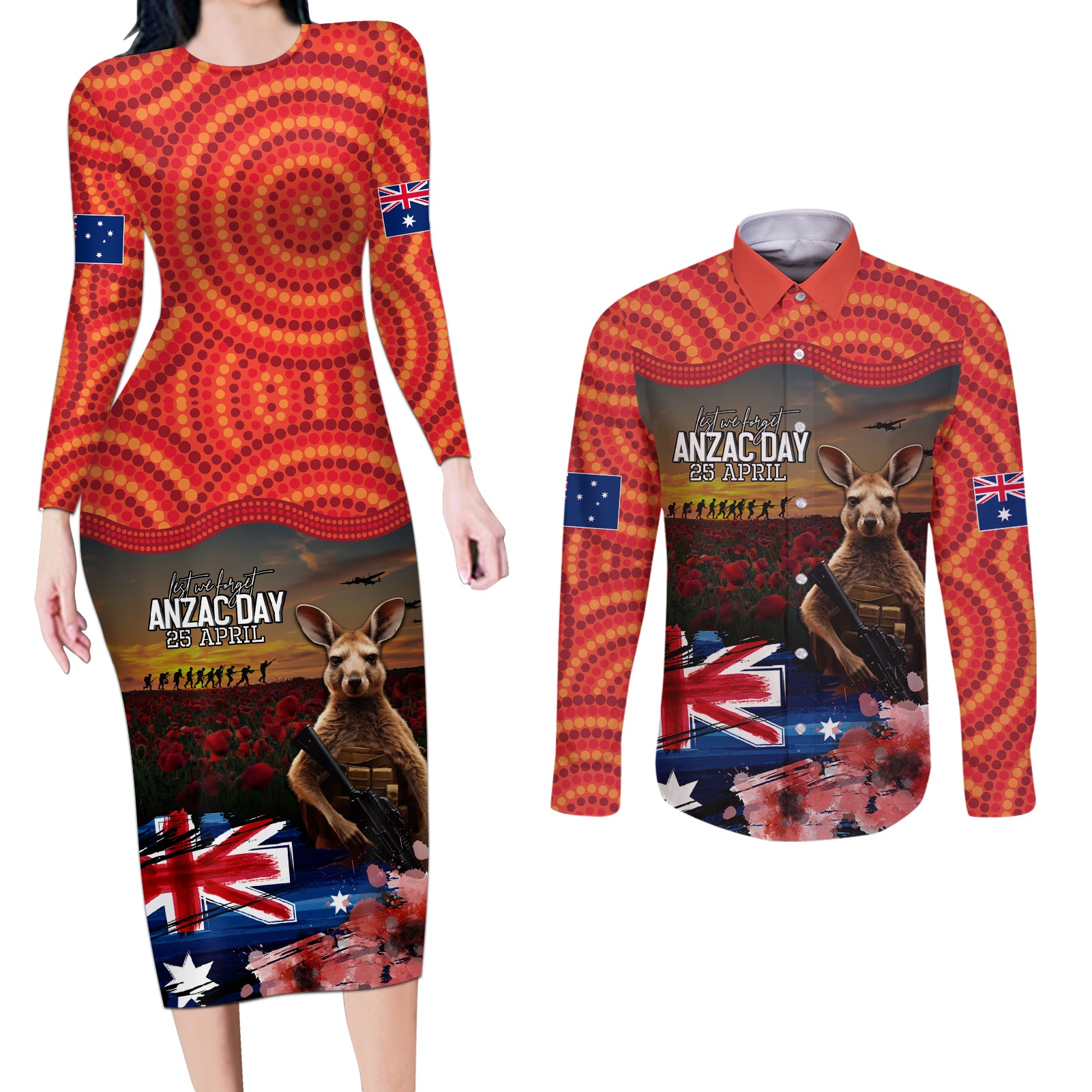 Australia ANZAC Day Couples Matching Long Sleeve Bodycon Dress and Long Sleeve Button Shirt Koala and Kangaroo Red Poppy Flower Field Aboriginal Pattern