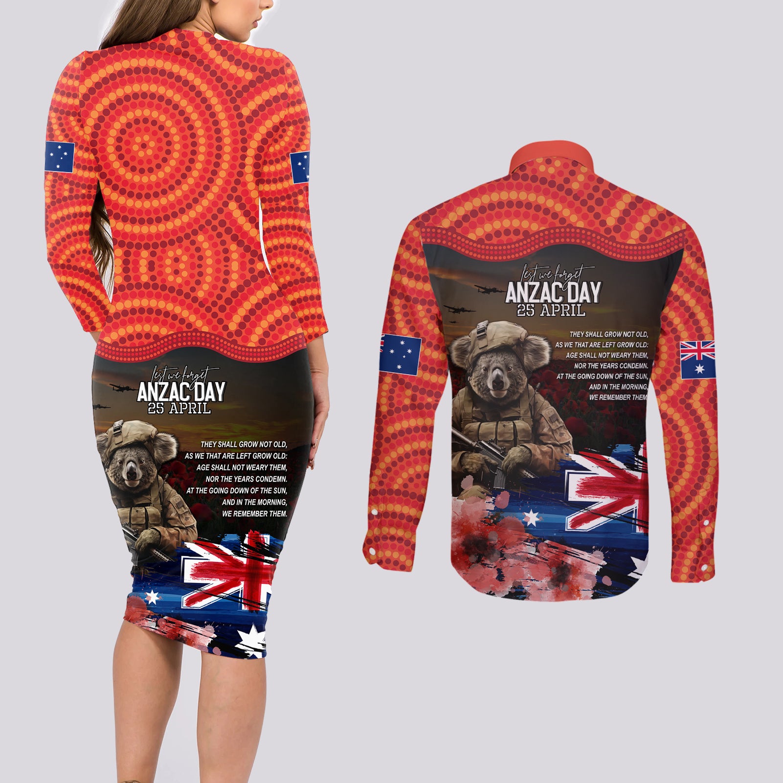 Australia ANZAC Day Couples Matching Long Sleeve Bodycon Dress and Long Sleeve Button Shirt Koala and Kangaroo Red Poppy Flower Field Aboriginal Pattern