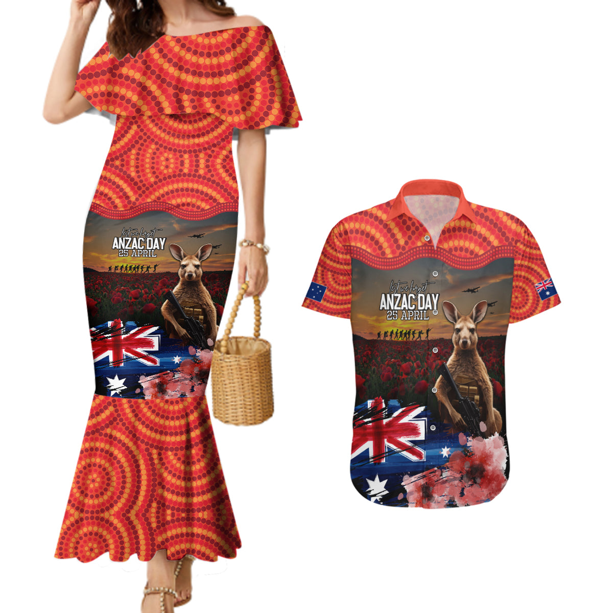 Australia ANZAC Day Couples Matching Mermaid Dress and Hawaiian Shirt Koala and Kangaroo Red Poppy Flower Field Aboriginal Pattern