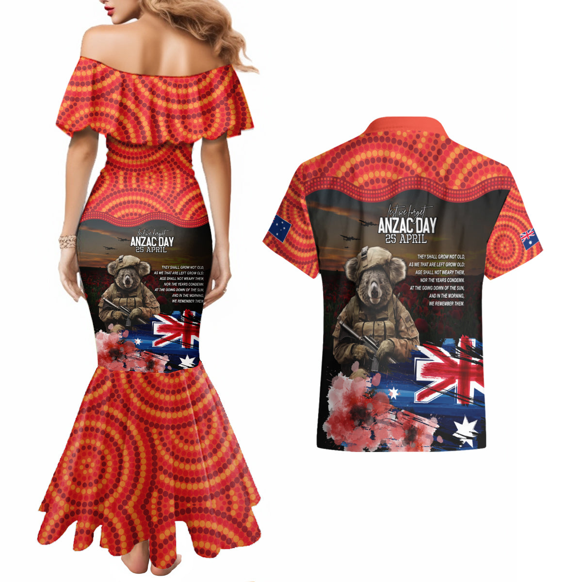 Australia ANZAC Day Couples Matching Mermaid Dress and Hawaiian Shirt Koala and Kangaroo Red Poppy Flower Field Aboriginal Pattern