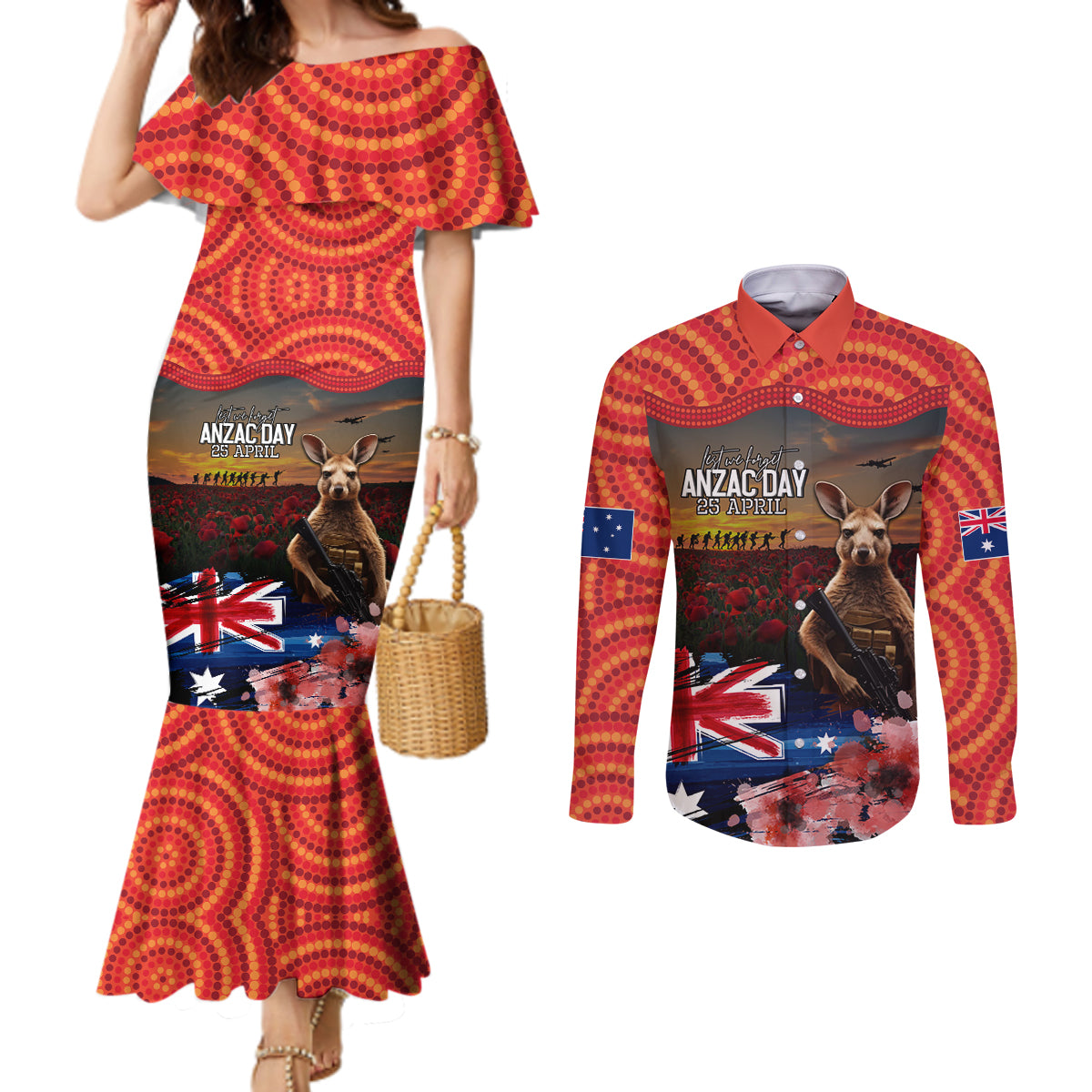 Australia ANZAC Day Couples Matching Mermaid Dress and Long Sleeve Button Shirt Koala and Kangaroo Red Poppy Flower Field Aboriginal Pattern