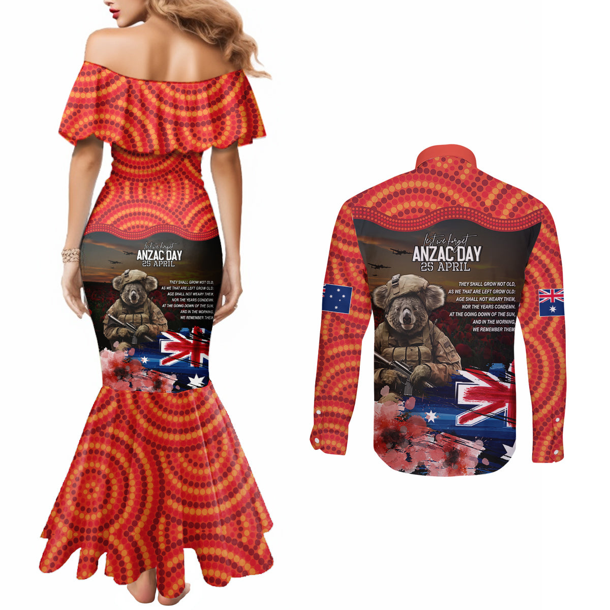 Australia ANZAC Day Couples Matching Mermaid Dress and Long Sleeve Button Shirt Koala and Kangaroo Red Poppy Flower Field Aboriginal Pattern