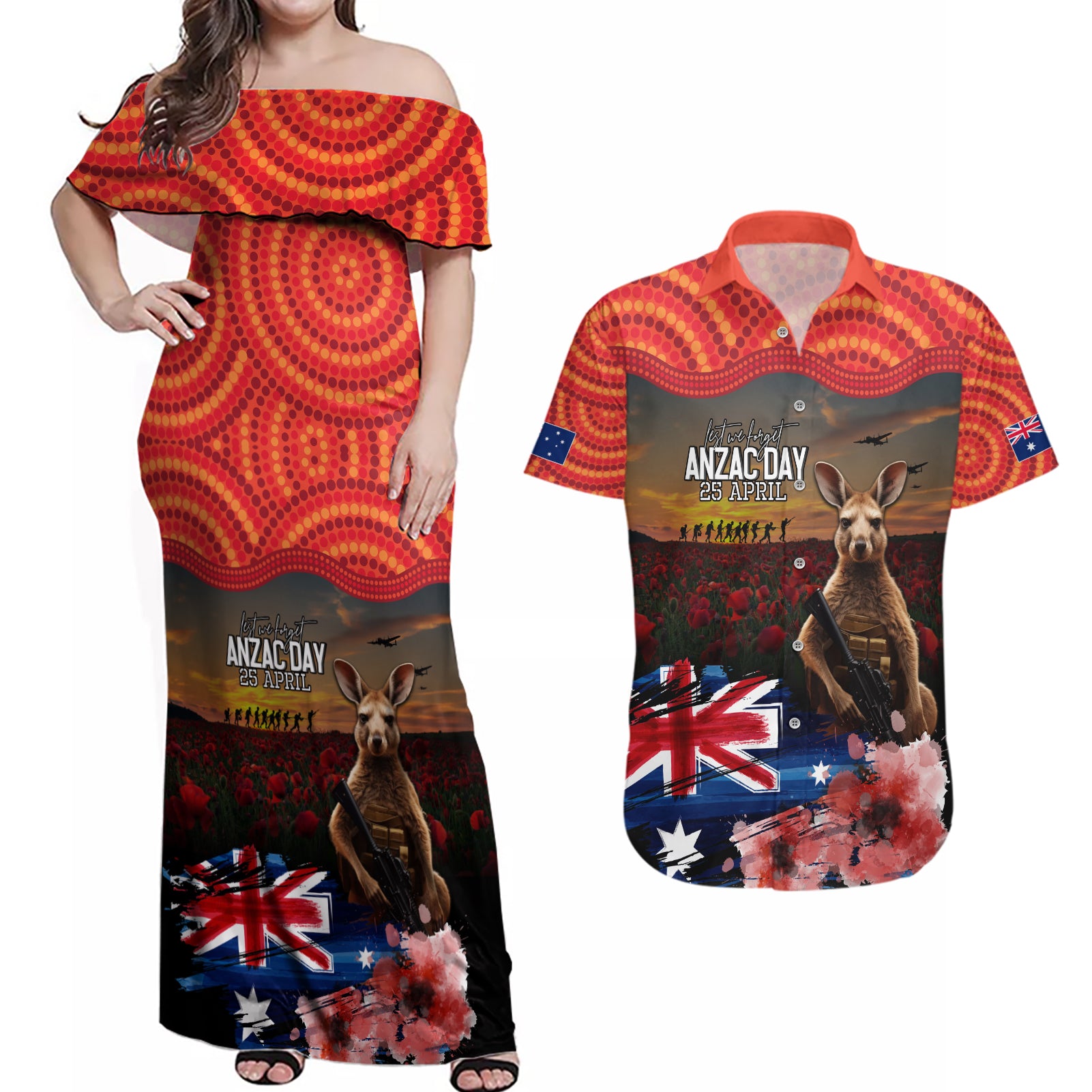 Australia ANZAC Day Couples Matching Off Shoulder Maxi Dress and Hawaiian Shirt Koala and Kangaroo Red Poppy Flower Field Aboriginal Pattern