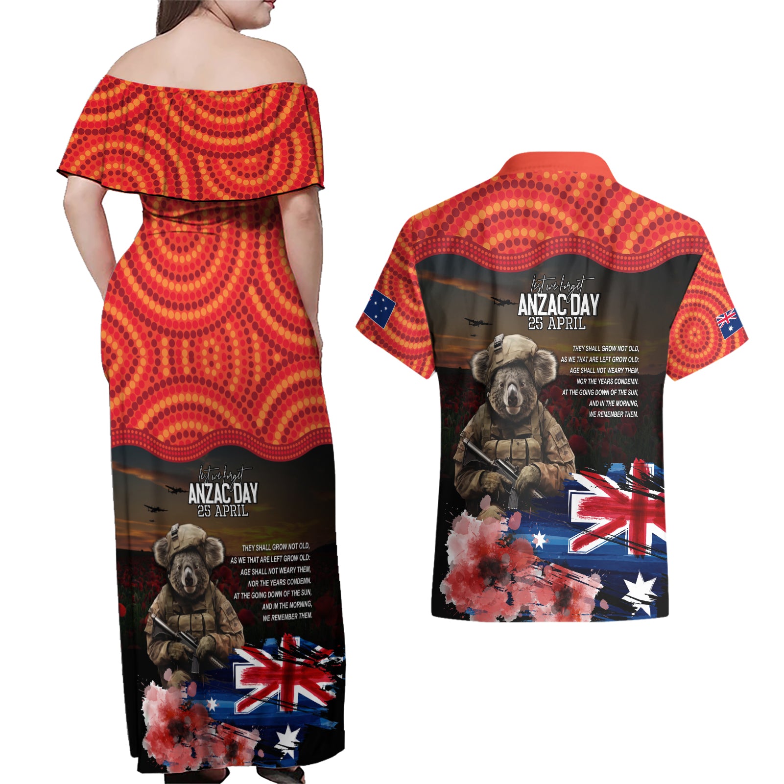 Australia ANZAC Day Couples Matching Off Shoulder Maxi Dress and Hawaiian Shirt Koala and Kangaroo Red Poppy Flower Field Aboriginal Pattern