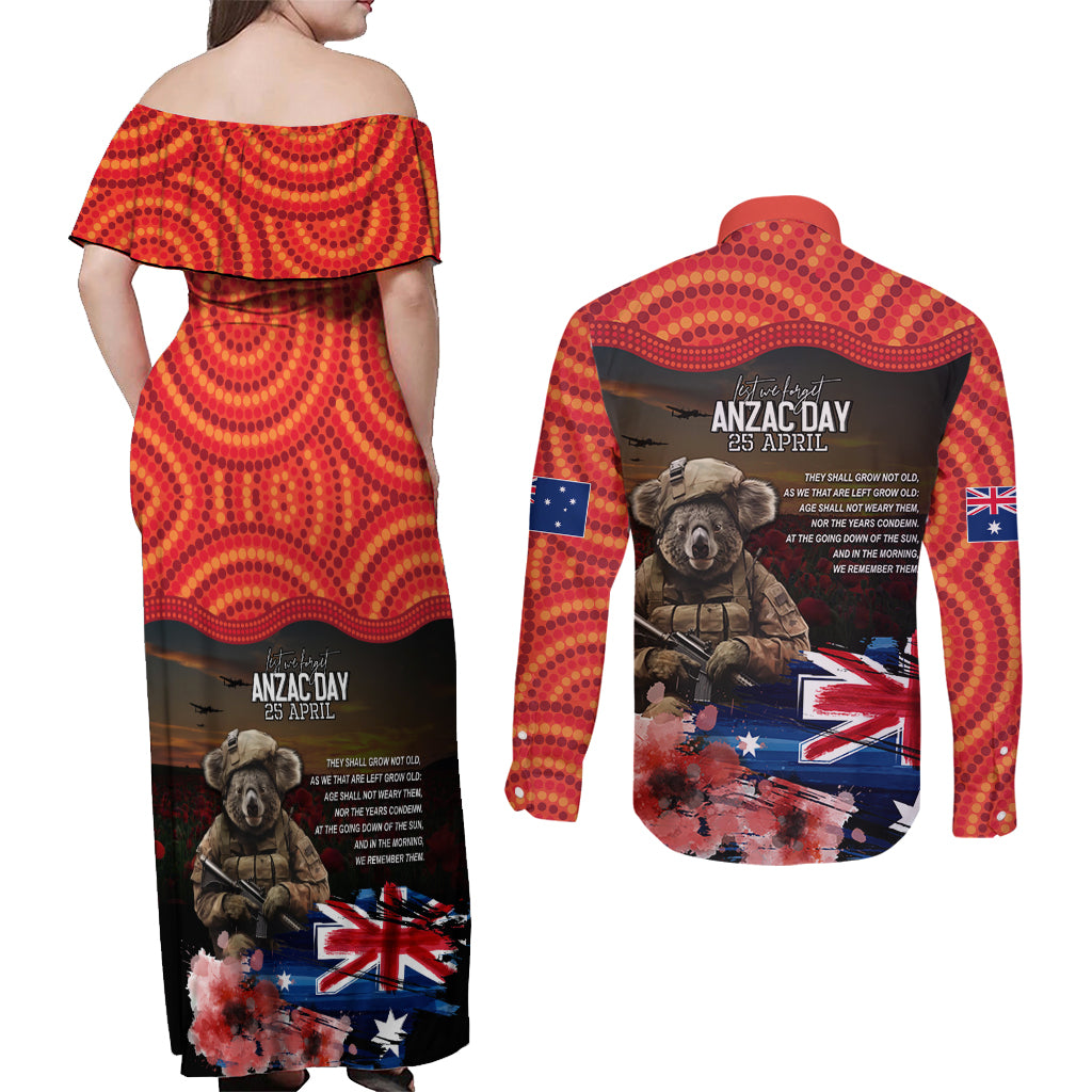 Australia ANZAC Day Couples Matching Off Shoulder Maxi Dress and Long Sleeve Button Shirt Koala and Kangaroo Red Poppy Flower Field Aboriginal Pattern