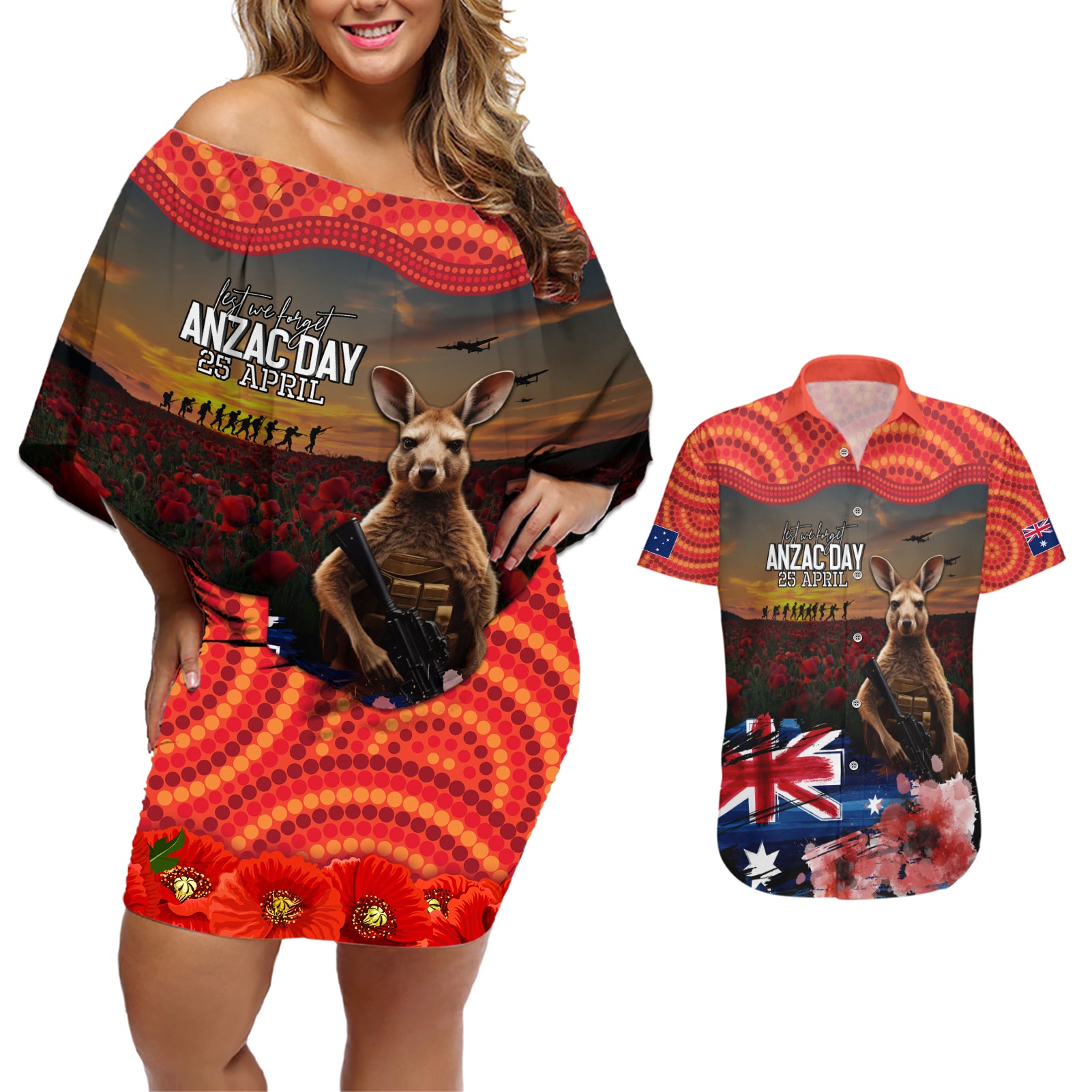Australia ANZAC Day Couples Matching Off Shoulder Short Dress and Hawaiian Shirt Koala and Kangaroo Red Poppy Flower Field Aboriginal Pattern