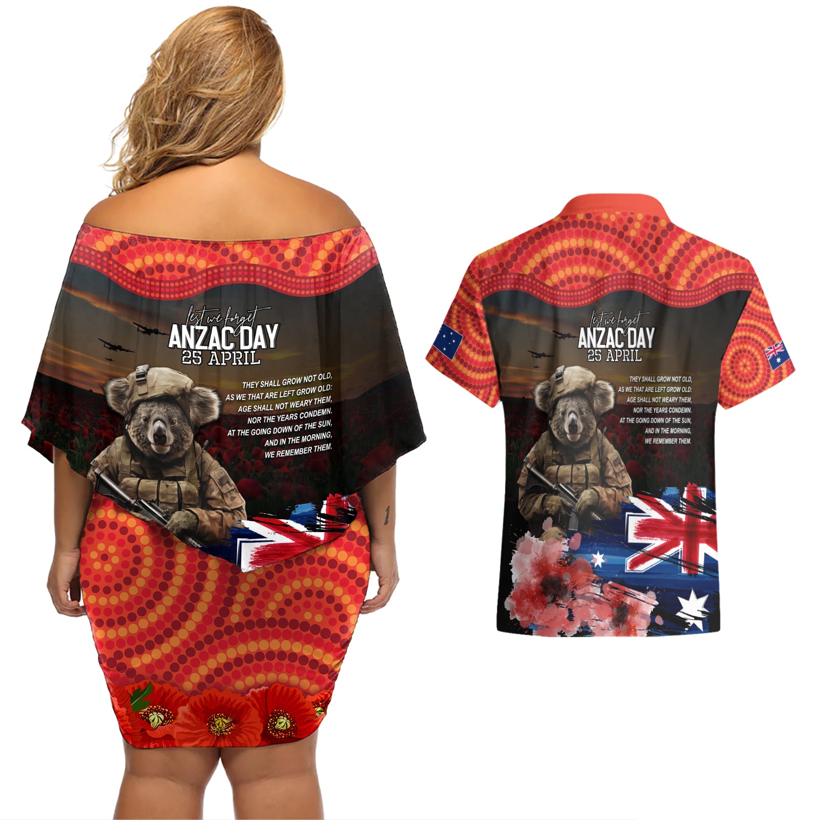 Australia ANZAC Day Couples Matching Off Shoulder Short Dress and Hawaiian Shirt Koala and Kangaroo Red Poppy Flower Field Aboriginal Pattern