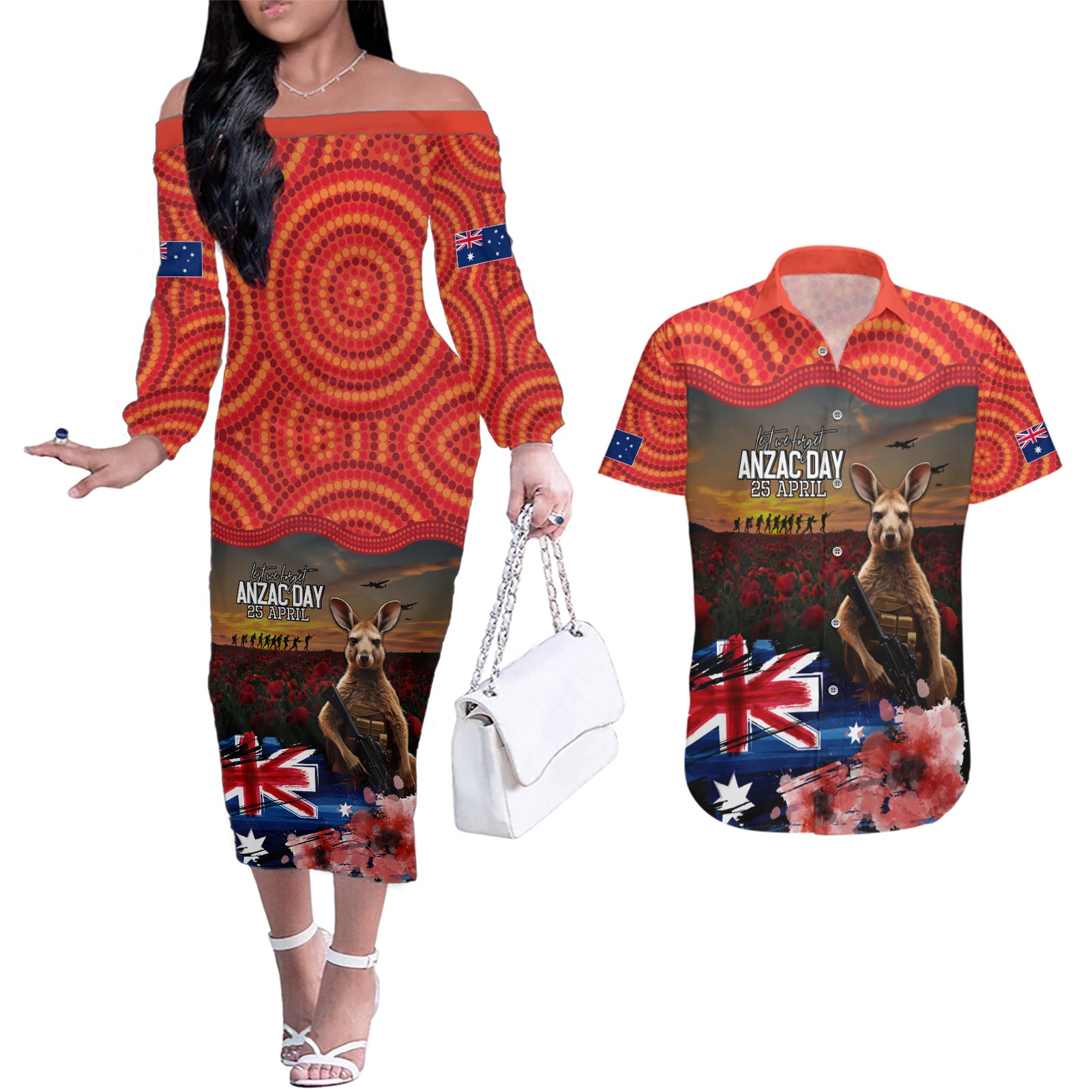 Australia ANZAC Day Couples Matching Off The Shoulder Long Sleeve Dress and Hawaiian Shirt Koala and Kangaroo Red Poppy Flower Field Aboriginal Pattern