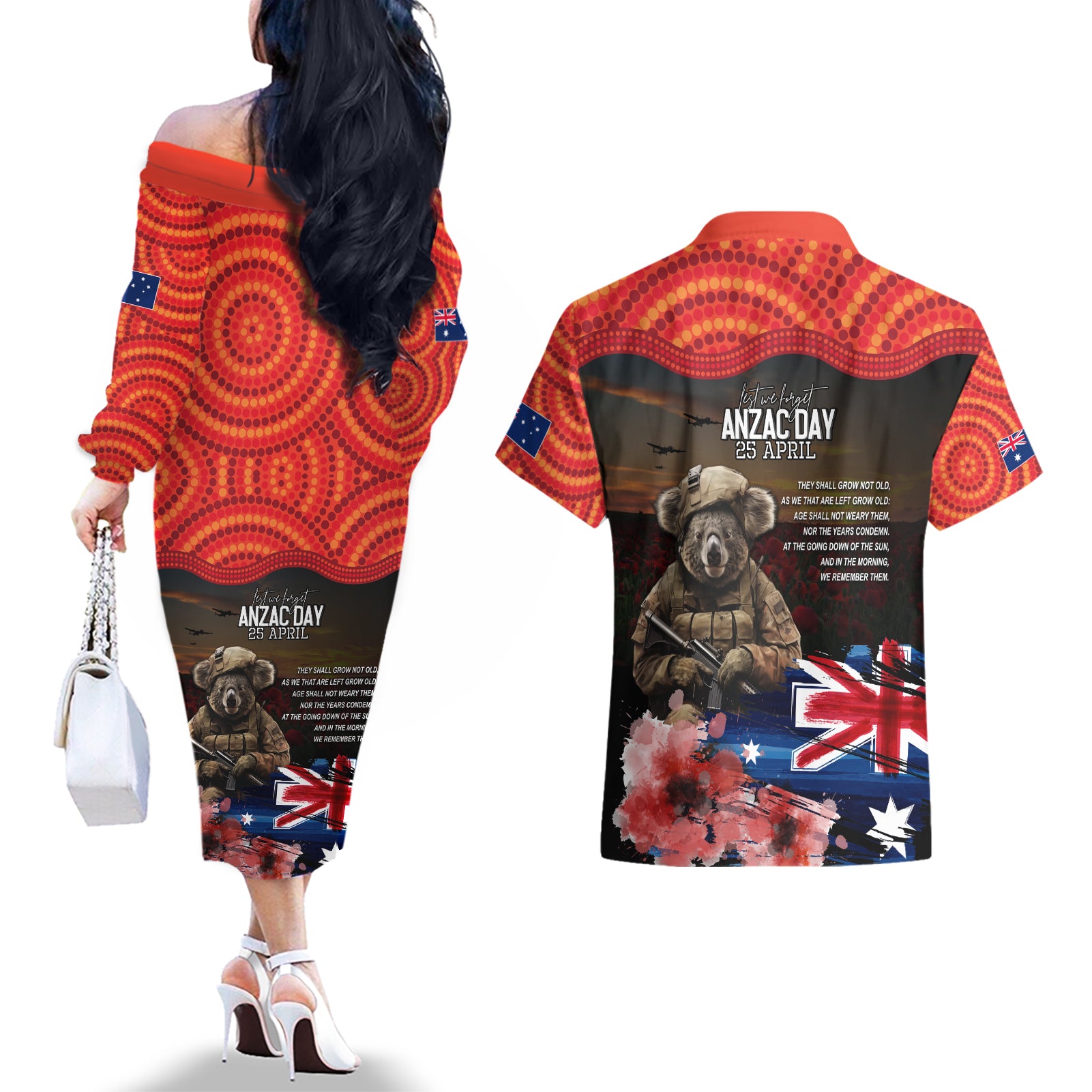 Australia ANZAC Day Couples Matching Off The Shoulder Long Sleeve Dress and Hawaiian Shirt Koala and Kangaroo Red Poppy Flower Field Aboriginal Pattern