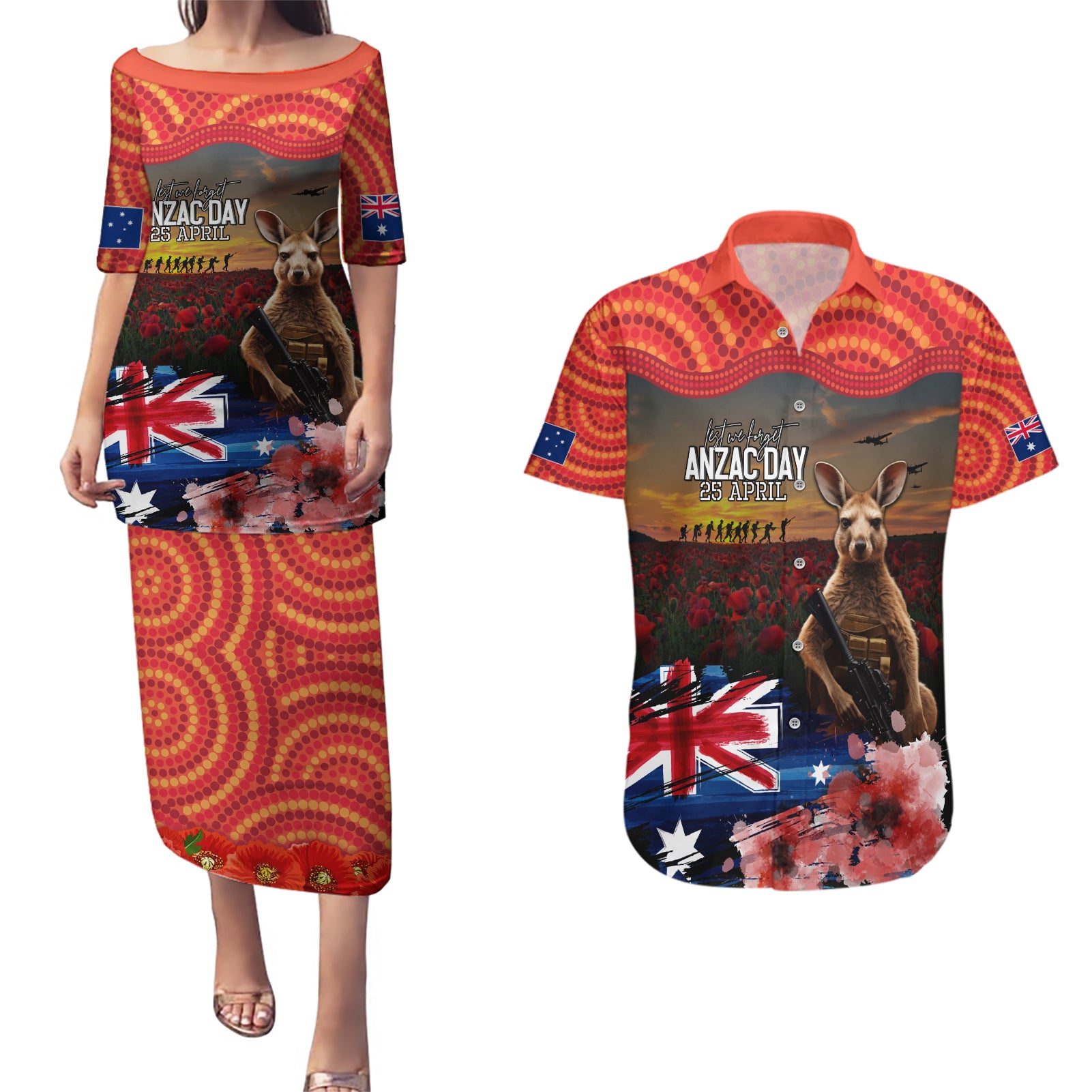 Australia ANZAC Day Couples Matching Puletasi and Hawaiian Shirt Koala and Kangaroo Red Poppy Flower Field Aboriginal Pattern