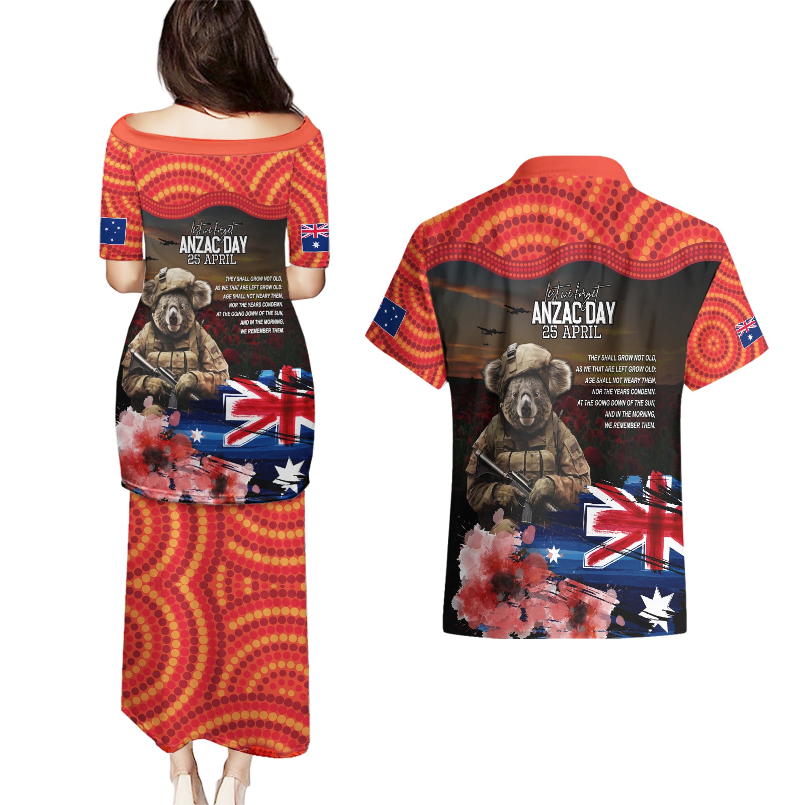 Australia ANZAC Day Couples Matching Puletasi and Hawaiian Shirt Koala and Kangaroo Red Poppy Flower Field Aboriginal Pattern
