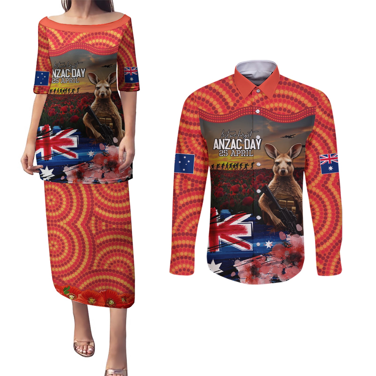 Australia ANZAC Day Couples Matching Puletasi and Long Sleeve Button Shirt Koala and Kangaroo Red Poppy Flower Field Aboriginal Pattern