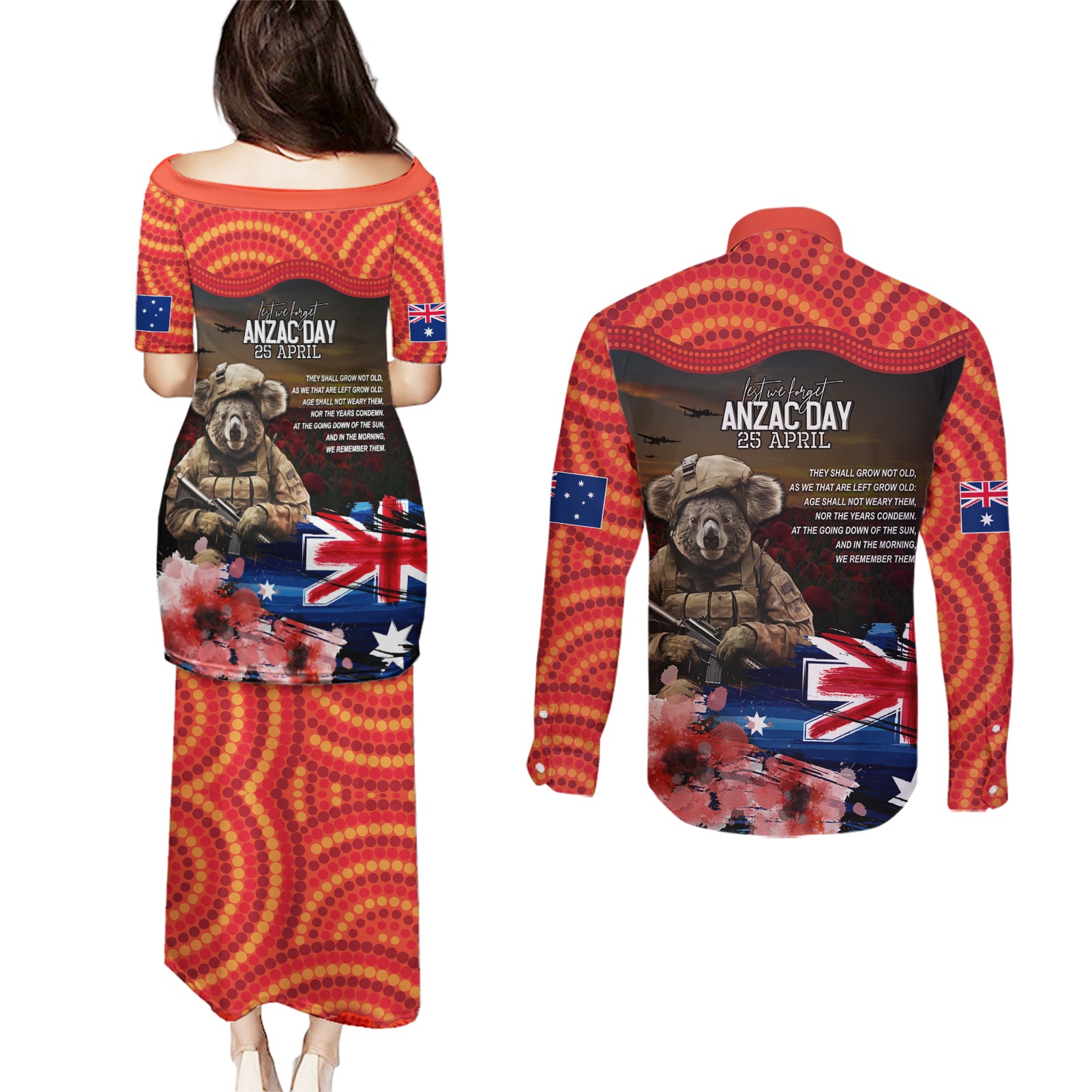 Australia ANZAC Day Couples Matching Puletasi and Long Sleeve Button Shirt Koala and Kangaroo Red Poppy Flower Field Aboriginal Pattern