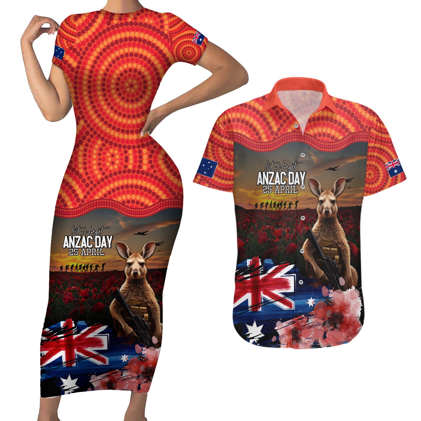Australia ANZAC Day Couples Matching Short Sleeve Bodycon Dress and Hawaiian Shirt Koala and Kangaroo Red Poppy Flower Field Aboriginal Pattern