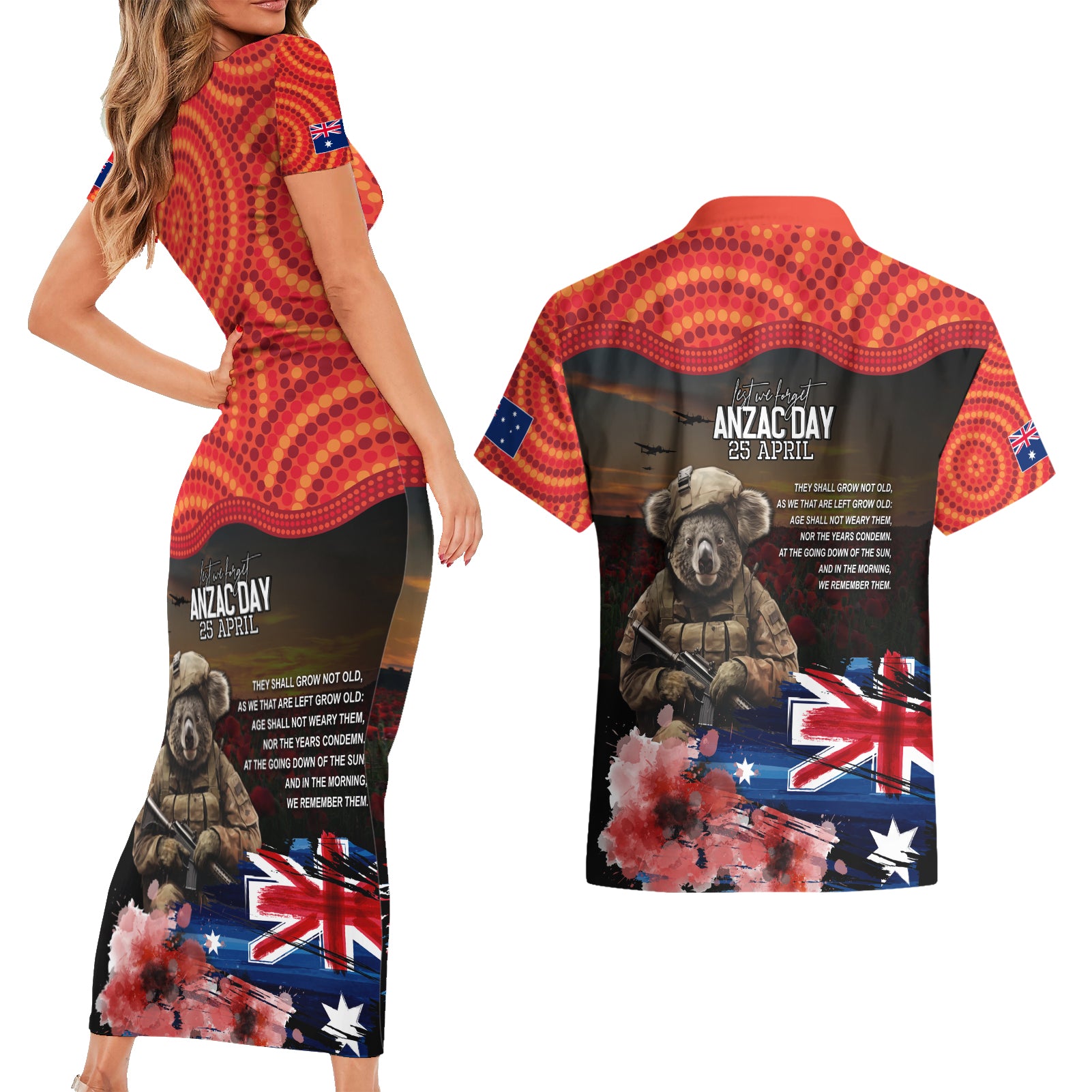 Australia ANZAC Day Couples Matching Short Sleeve Bodycon Dress and Hawaiian Shirt Koala and Kangaroo Red Poppy Flower Field Aboriginal Pattern
