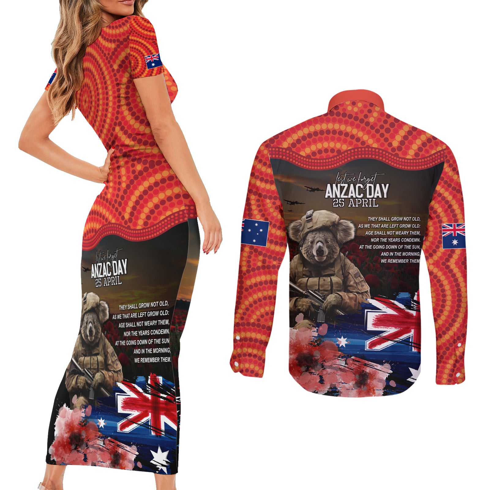Australia ANZAC Day Couples Matching Short Sleeve Bodycon Dress and Long Sleeve Button Shirt Koala and Kangaroo Red Poppy Flower Field Aboriginal Pattern
