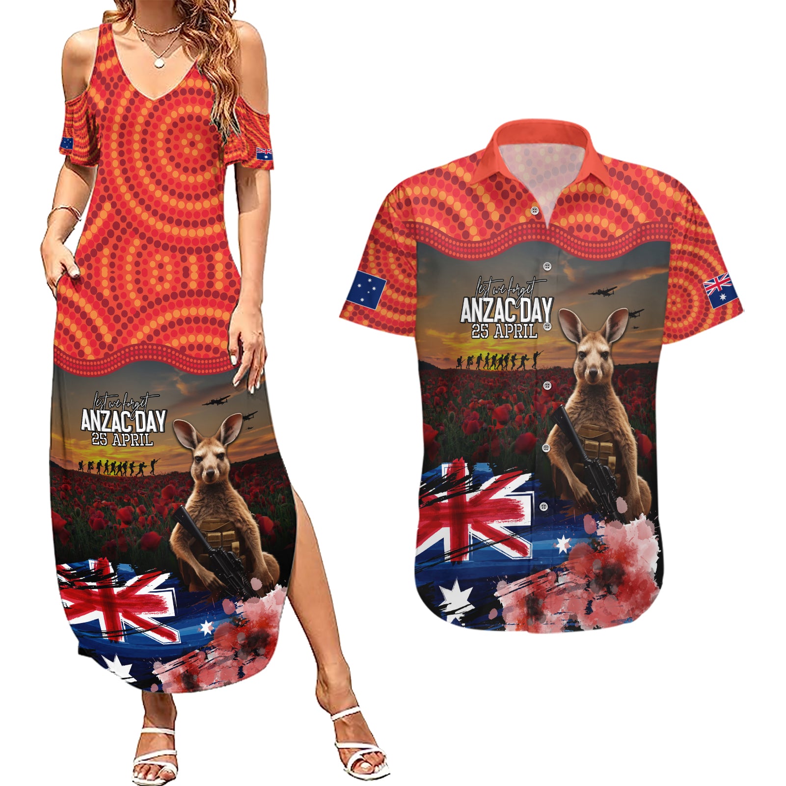 Australia ANZAC Day Couples Matching Summer Maxi Dress and Hawaiian Shirt Koala and Kangaroo Red Poppy Flower Field Aboriginal Pattern