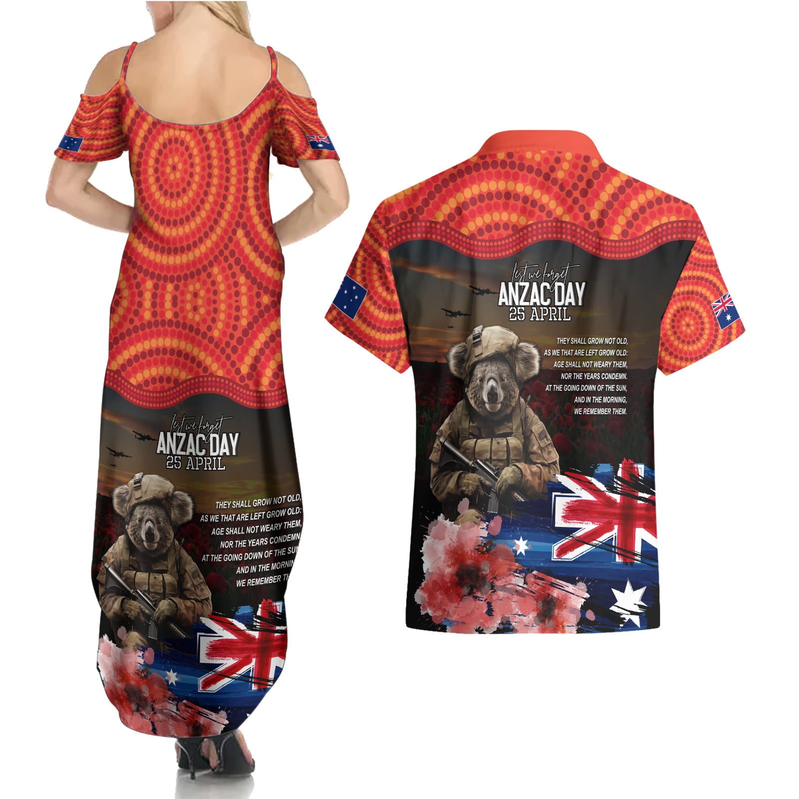 Australia ANZAC Day Couples Matching Summer Maxi Dress and Hawaiian Shirt Koala and Kangaroo Red Poppy Flower Field Aboriginal Pattern