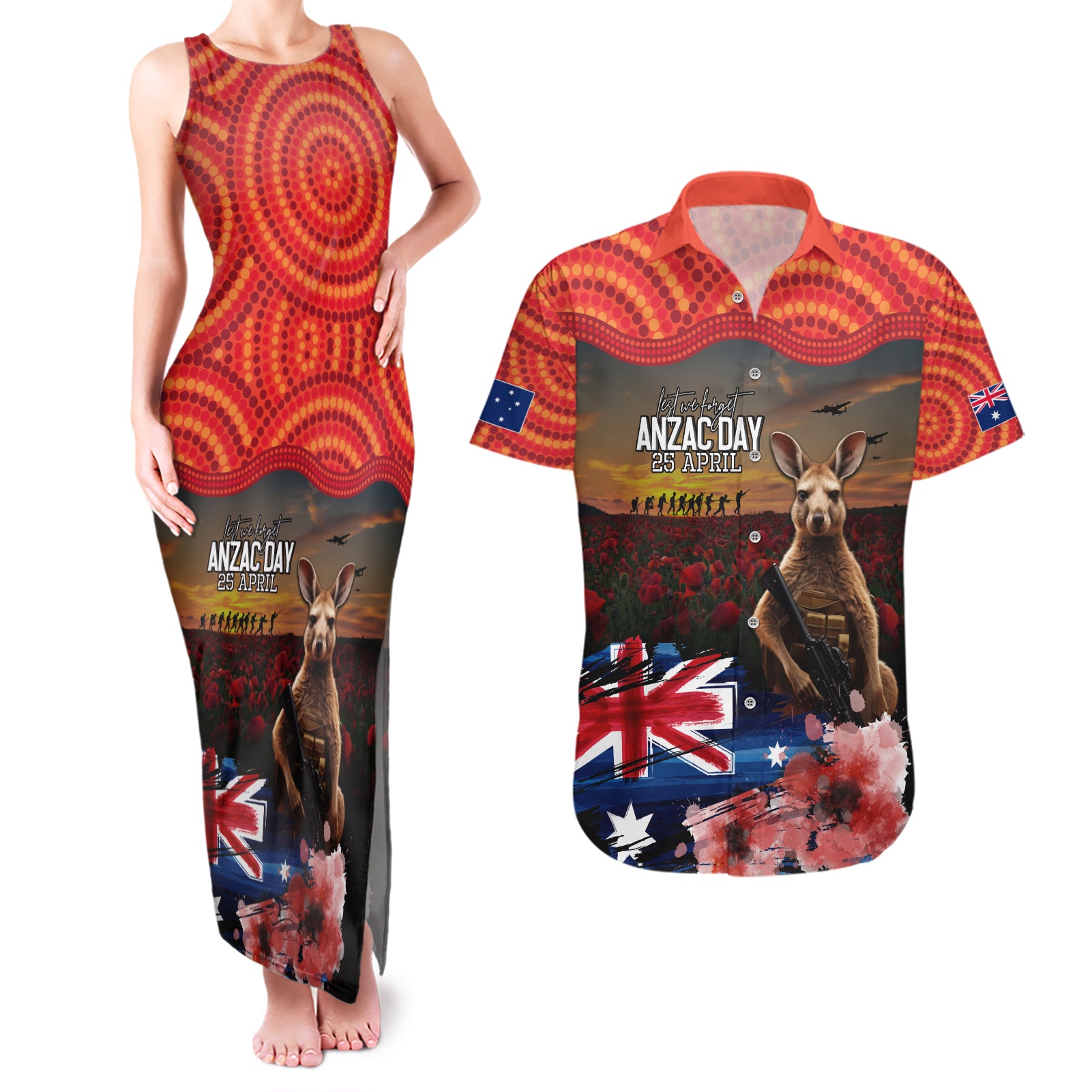 Australia ANZAC Day Couples Matching Tank Maxi Dress and Hawaiian Shirt Koala and Kangaroo Red Poppy Flower Field Aboriginal Pattern