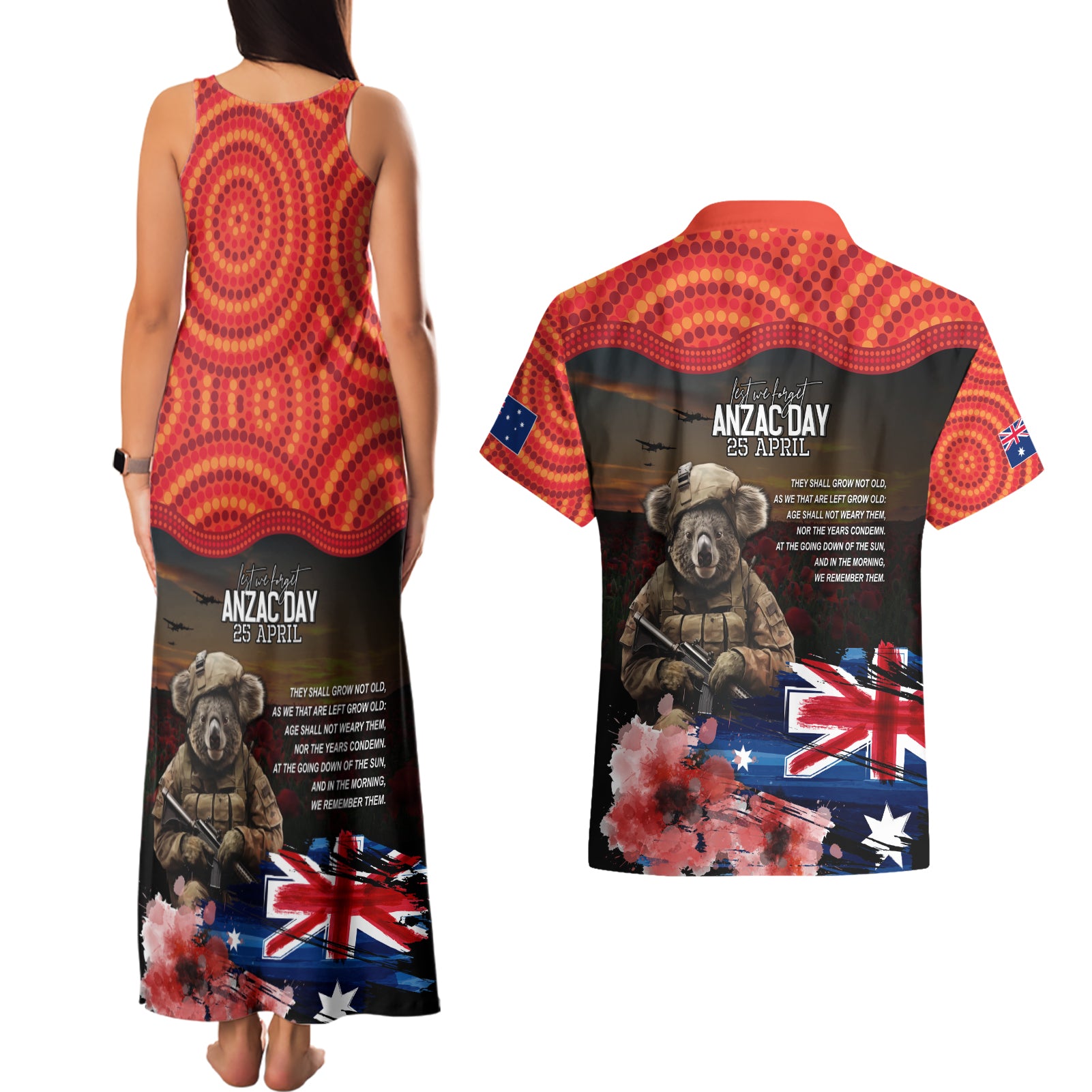 Australia ANZAC Day Couples Matching Tank Maxi Dress and Hawaiian Shirt Koala and Kangaroo Red Poppy Flower Field Aboriginal Pattern