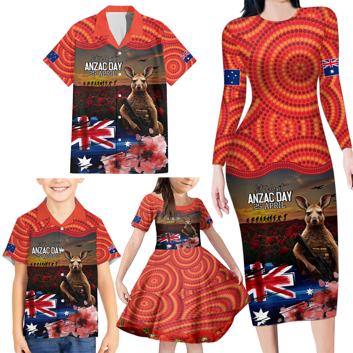 Australia ANZAC Day Family Matching Long Sleeve Bodycon Dress and Hawaiian Shirt Koala and Kangaroo Red Poppy Flower Field Aboriginal Pattern