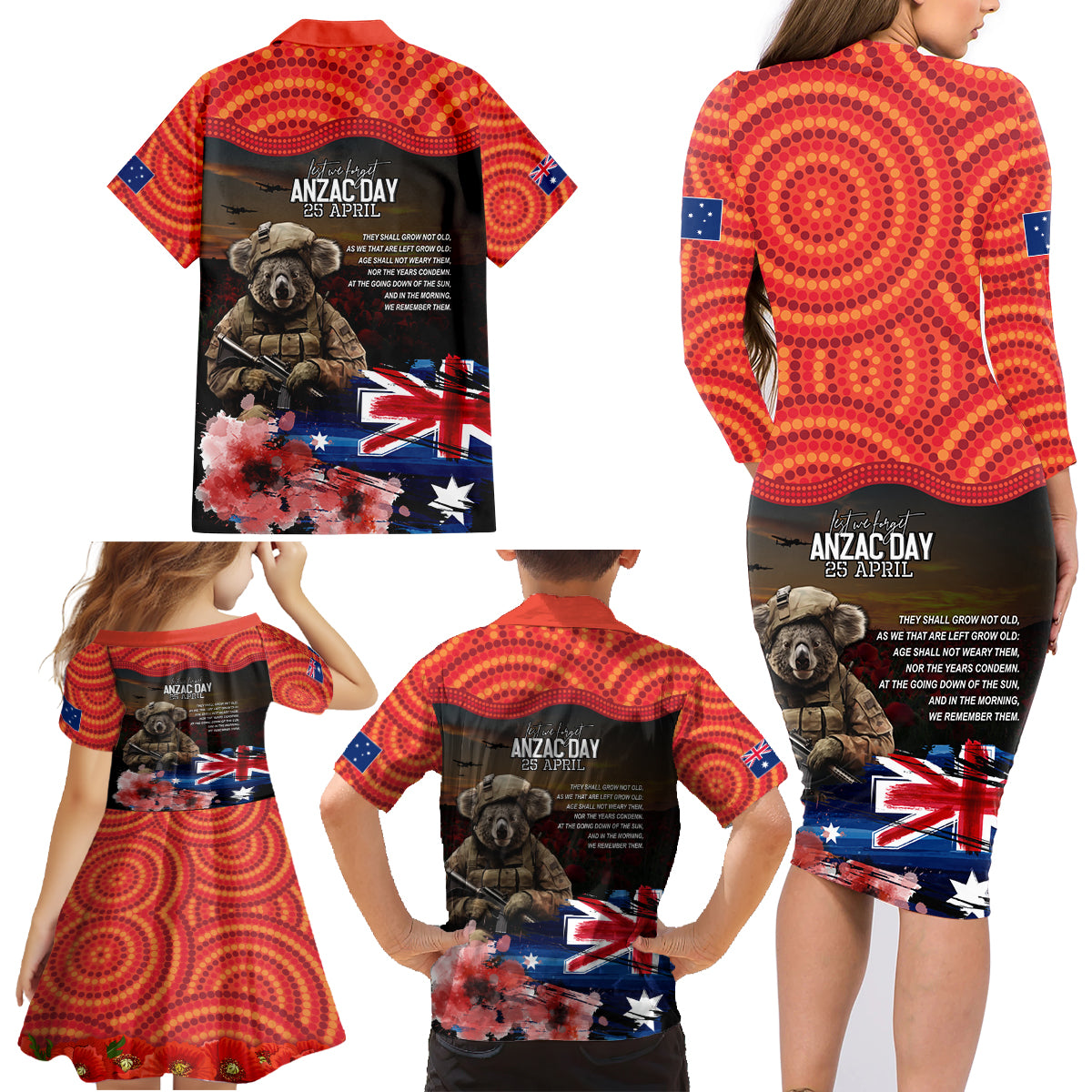 Australia ANZAC Day Family Matching Long Sleeve Bodycon Dress and Hawaiian Shirt Koala and Kangaroo Red Poppy Flower Field Aboriginal Pattern