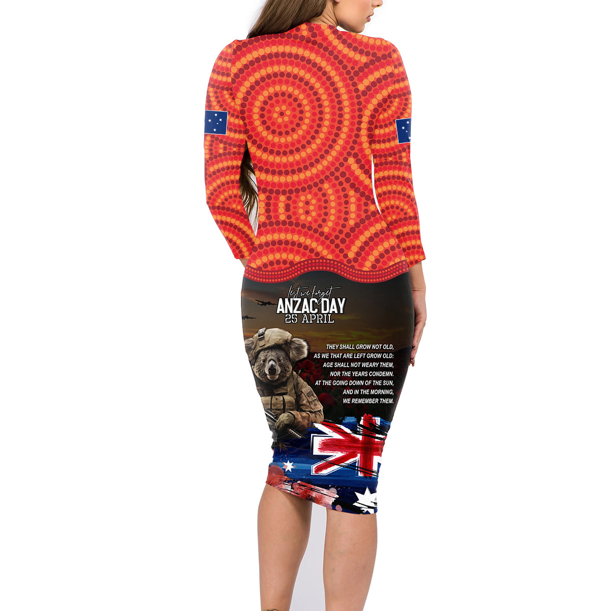 Australia ANZAC Day Family Matching Long Sleeve Bodycon Dress and Hawaiian Shirt Koala and Kangaroo Red Poppy Flower Field Aboriginal Pattern