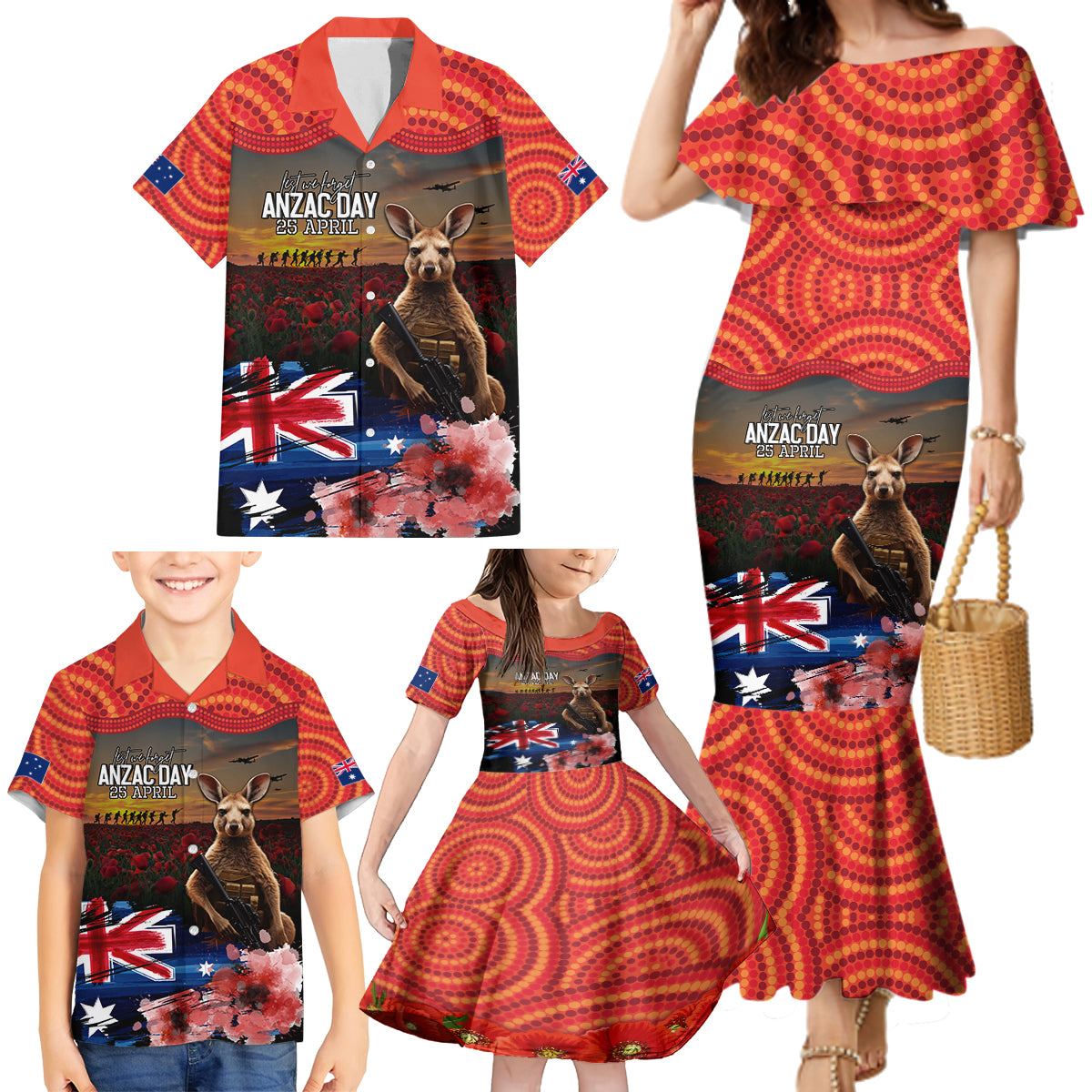 Australia ANZAC Day Family Matching Mermaid Dress and Hawaiian Shirt Koala and Kangaroo Red Poppy Flower Field Aboriginal Pattern